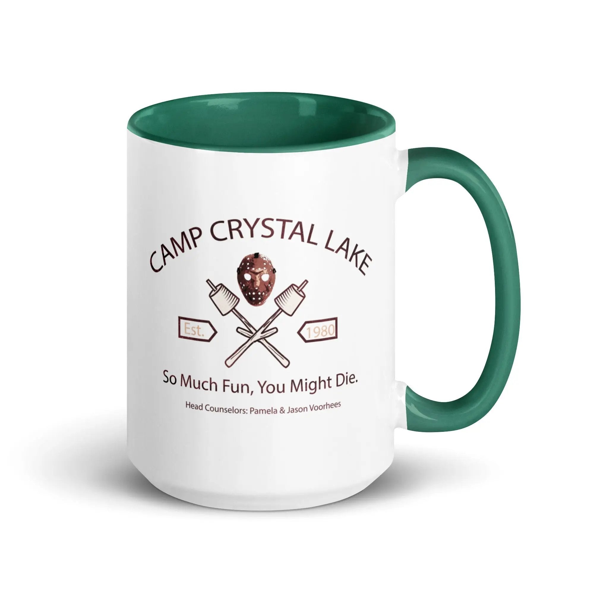a green and white coffee mug with a picture of a man's face and