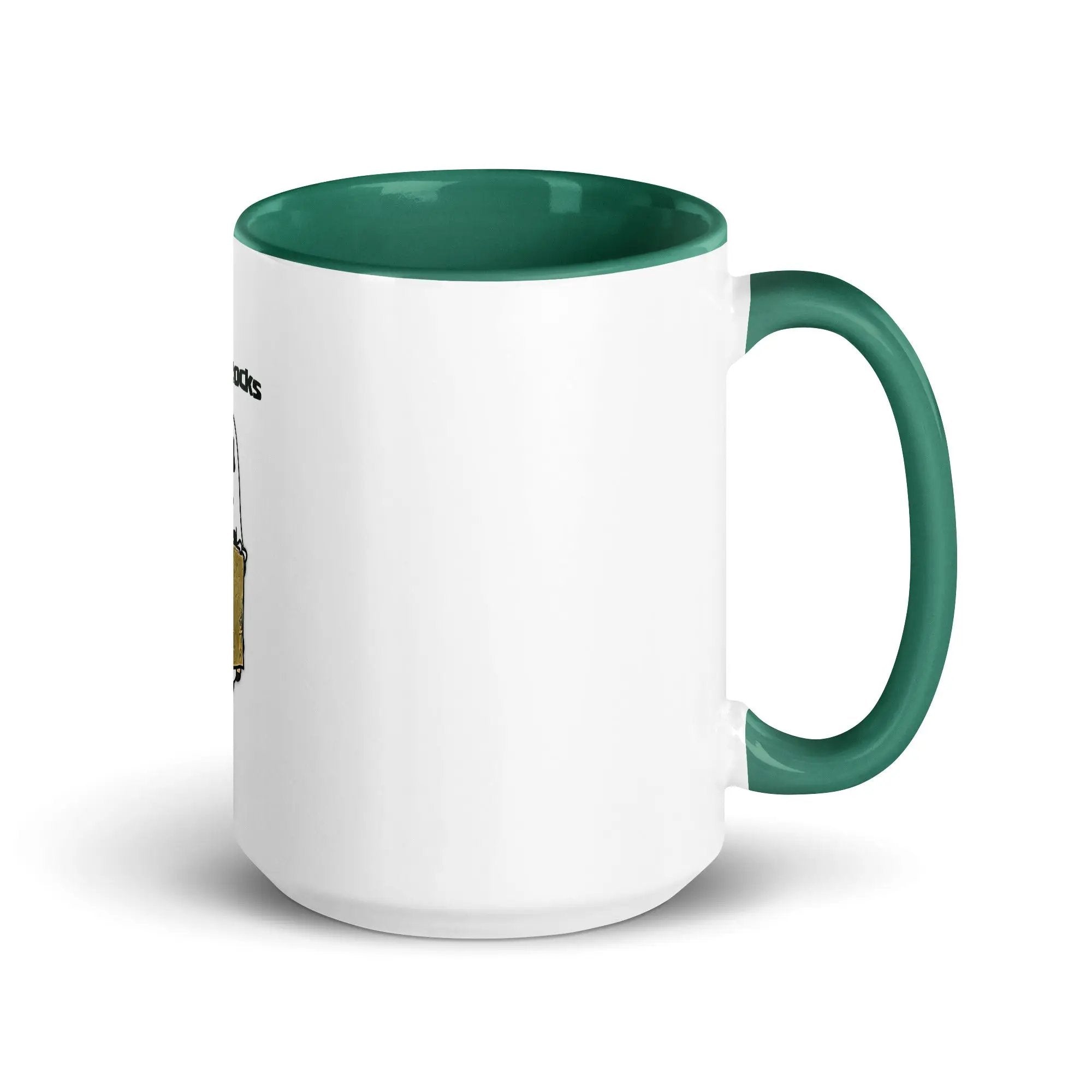 a white and green coffee mug with a green handle