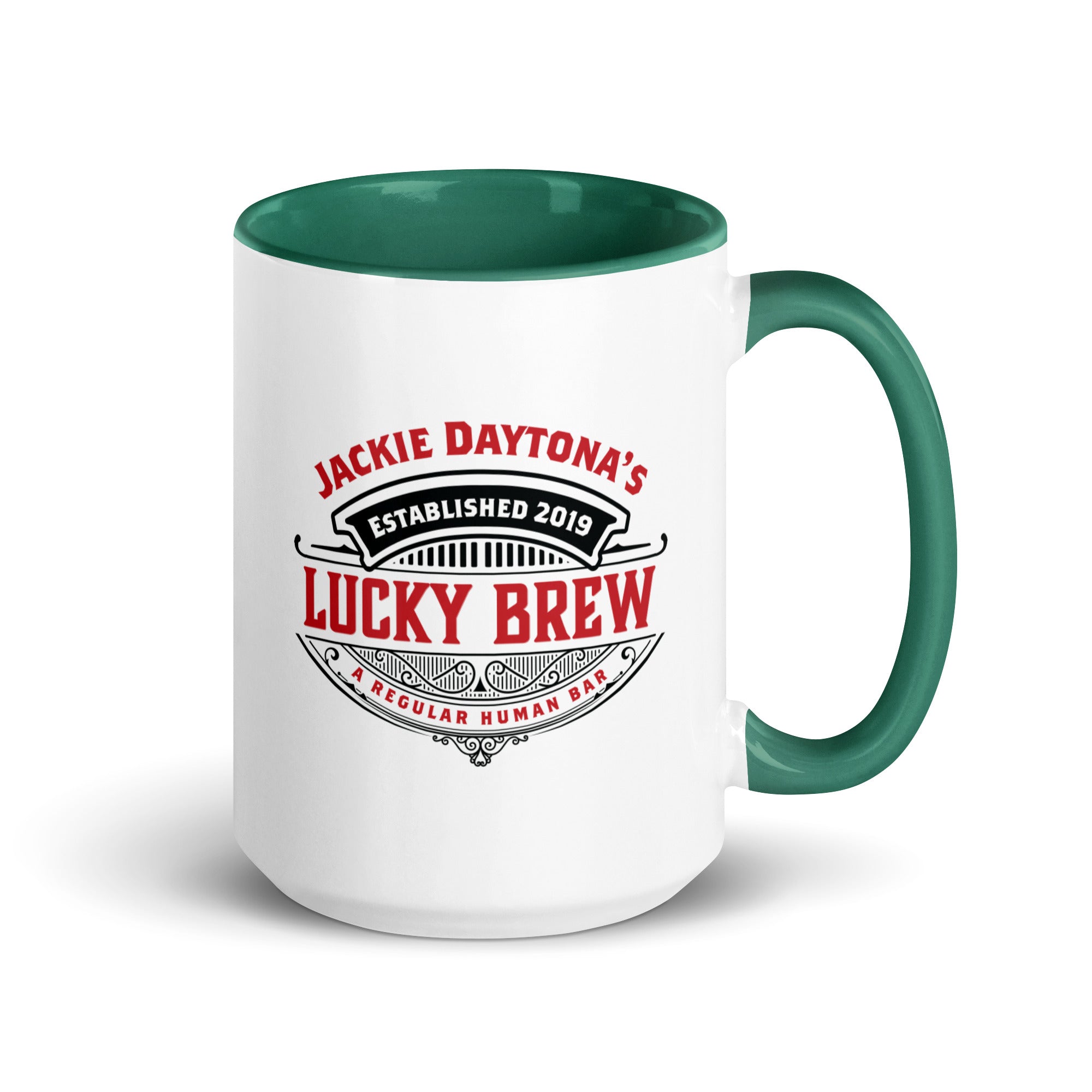 a white and green coffee mug with the words lucky brew on it