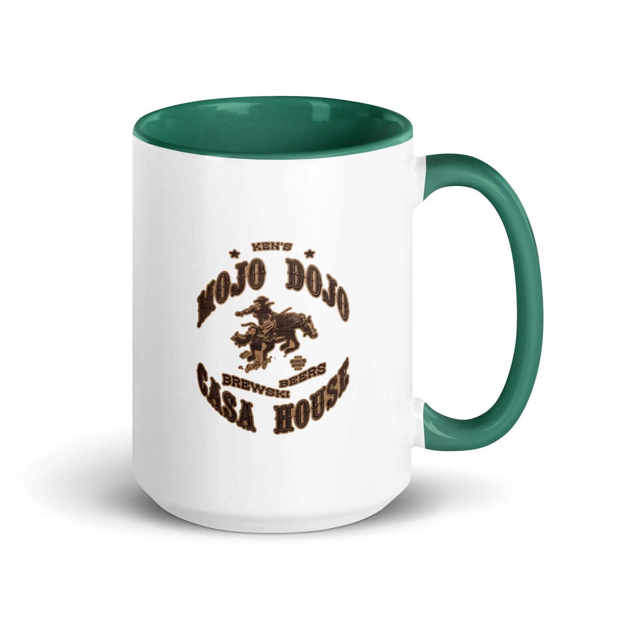 a green and white coffee mug with a horse on it