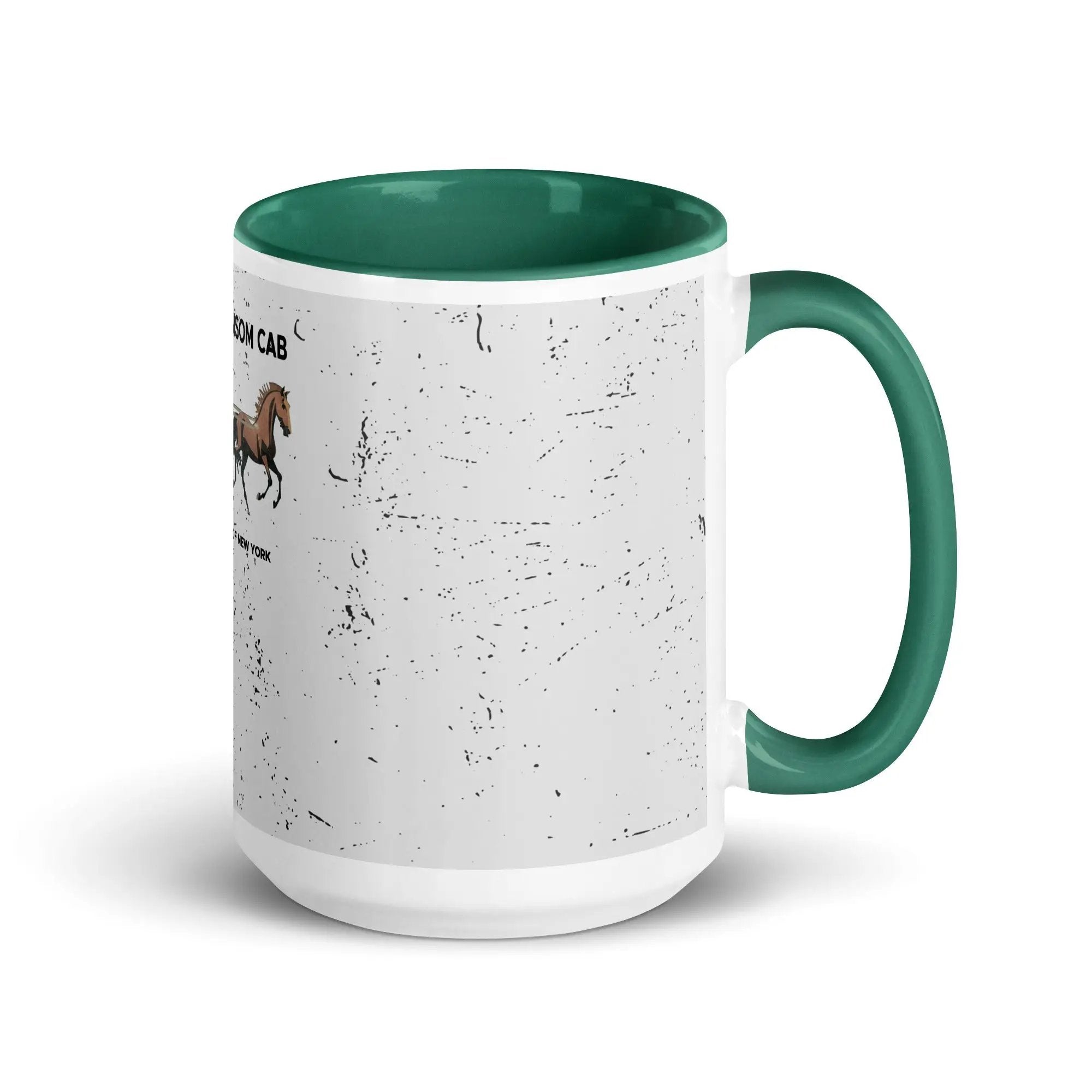 a green and white coffee mug with a picture of a horse