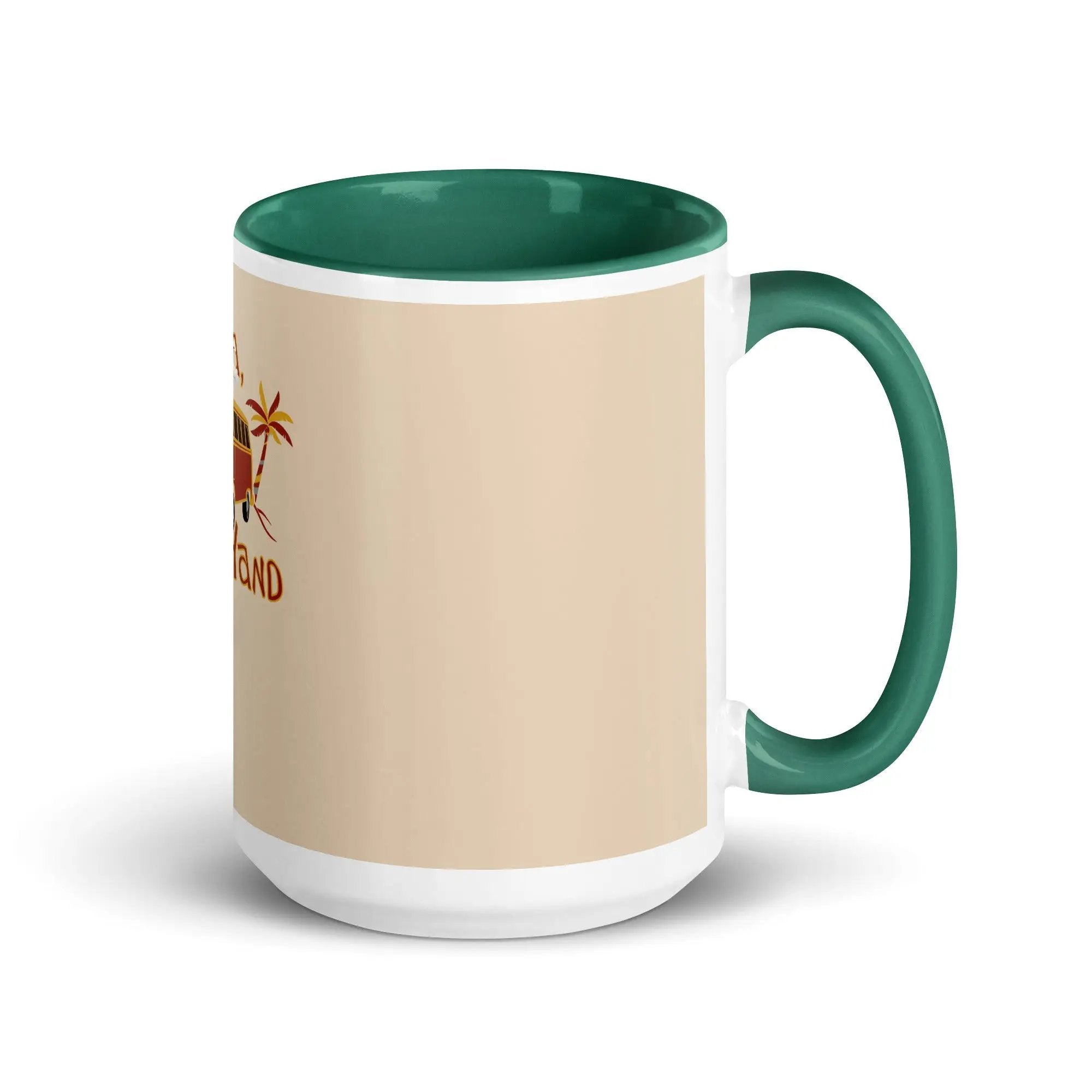 a green and white coffee mug with a bird on it