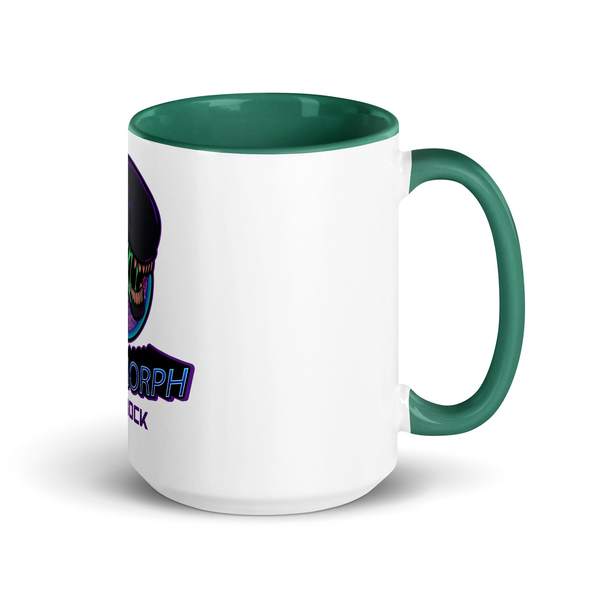 a green and white coffee mug with a picture of a man
