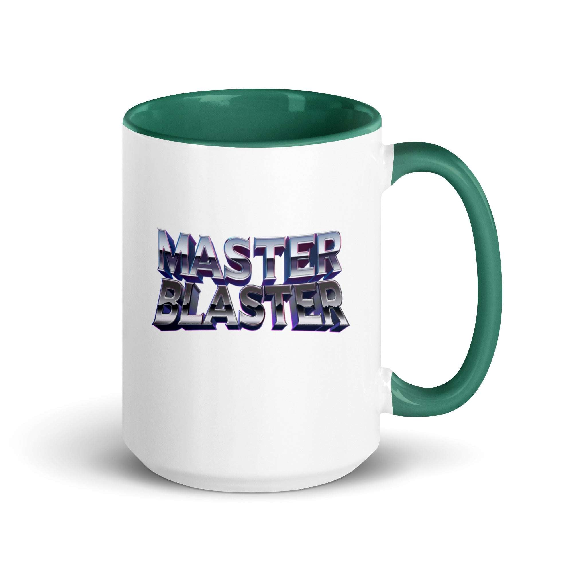 a green and white coffee mug with the word master blaster printed on it