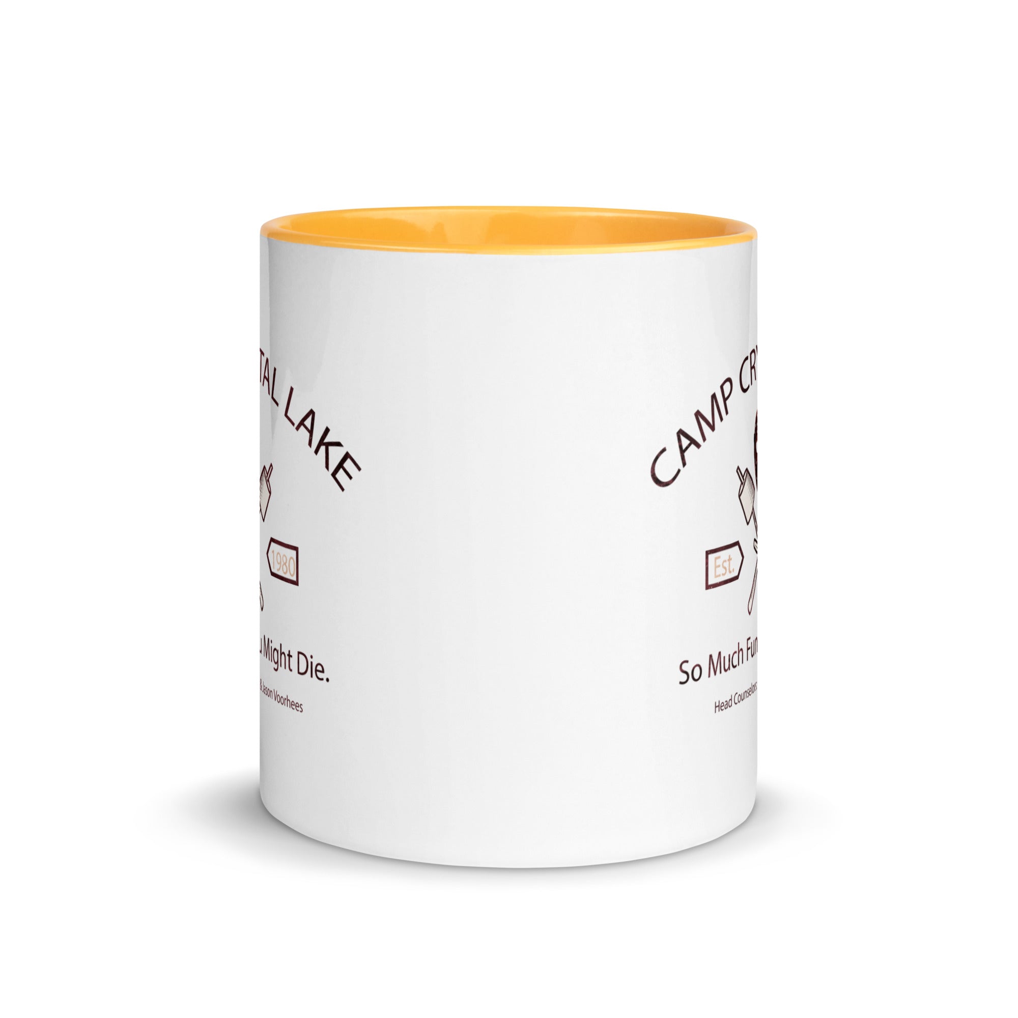 a white coffee mug with a yellow rim