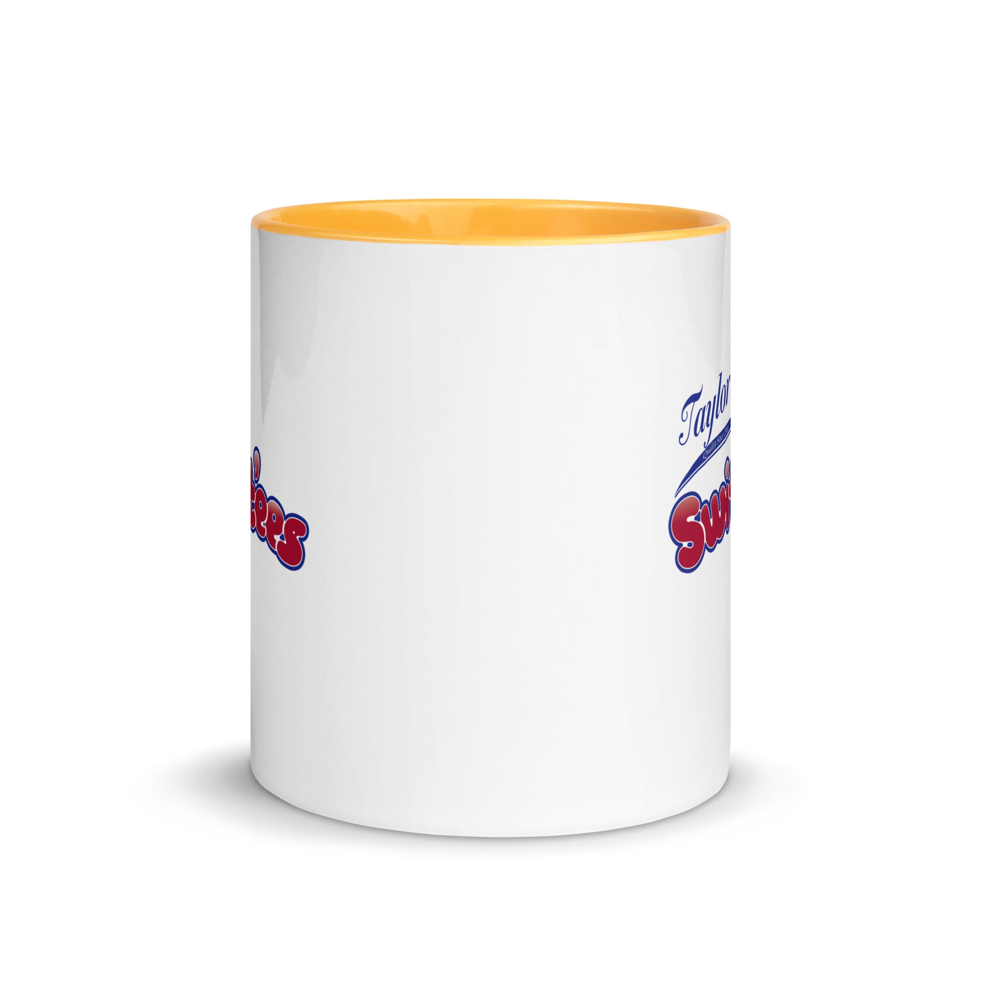 a white coffee mug with a yellow rim