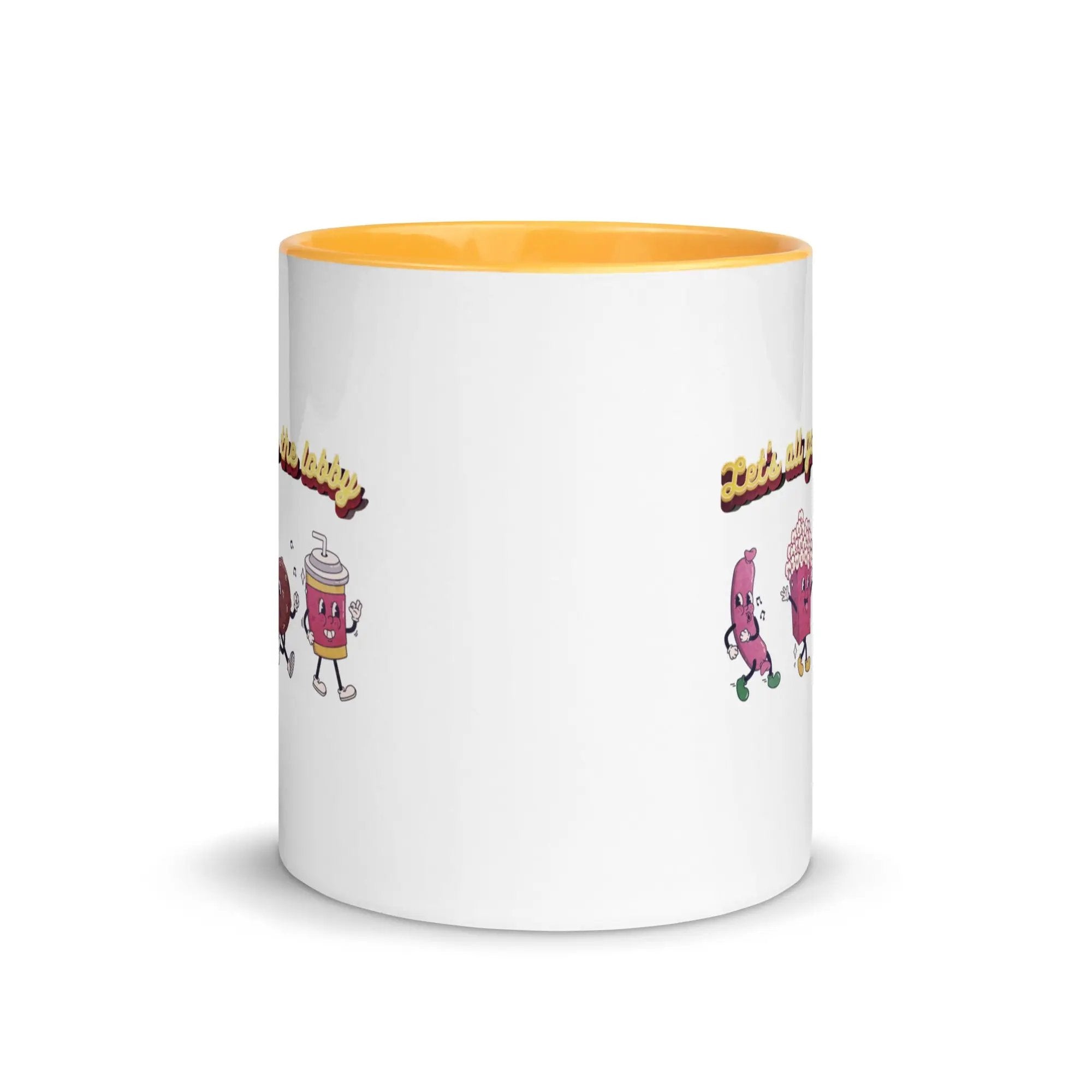 a white and yellow coffee mug with cartoon characters on it