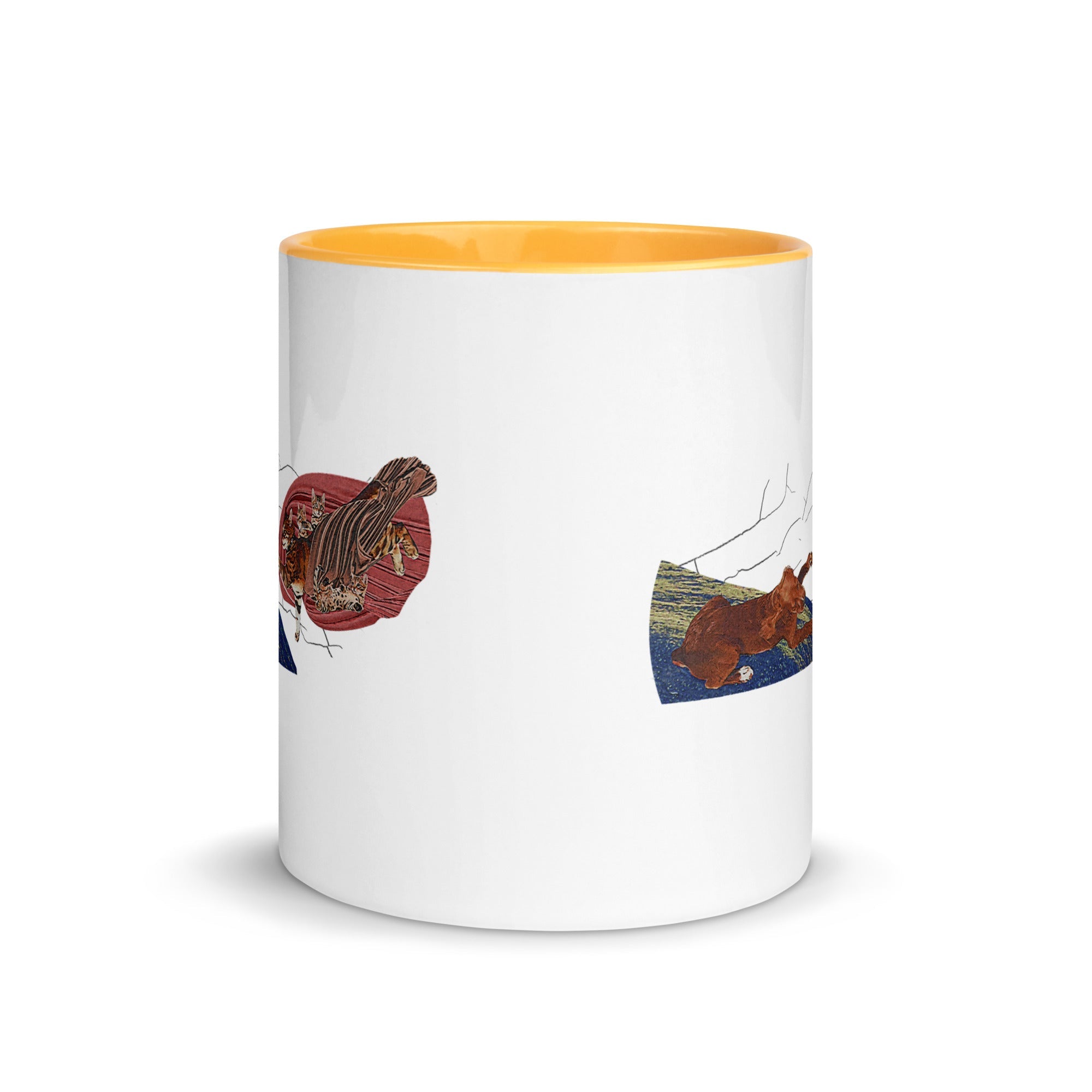 a white and yellow coffee mug with a picture of a horse