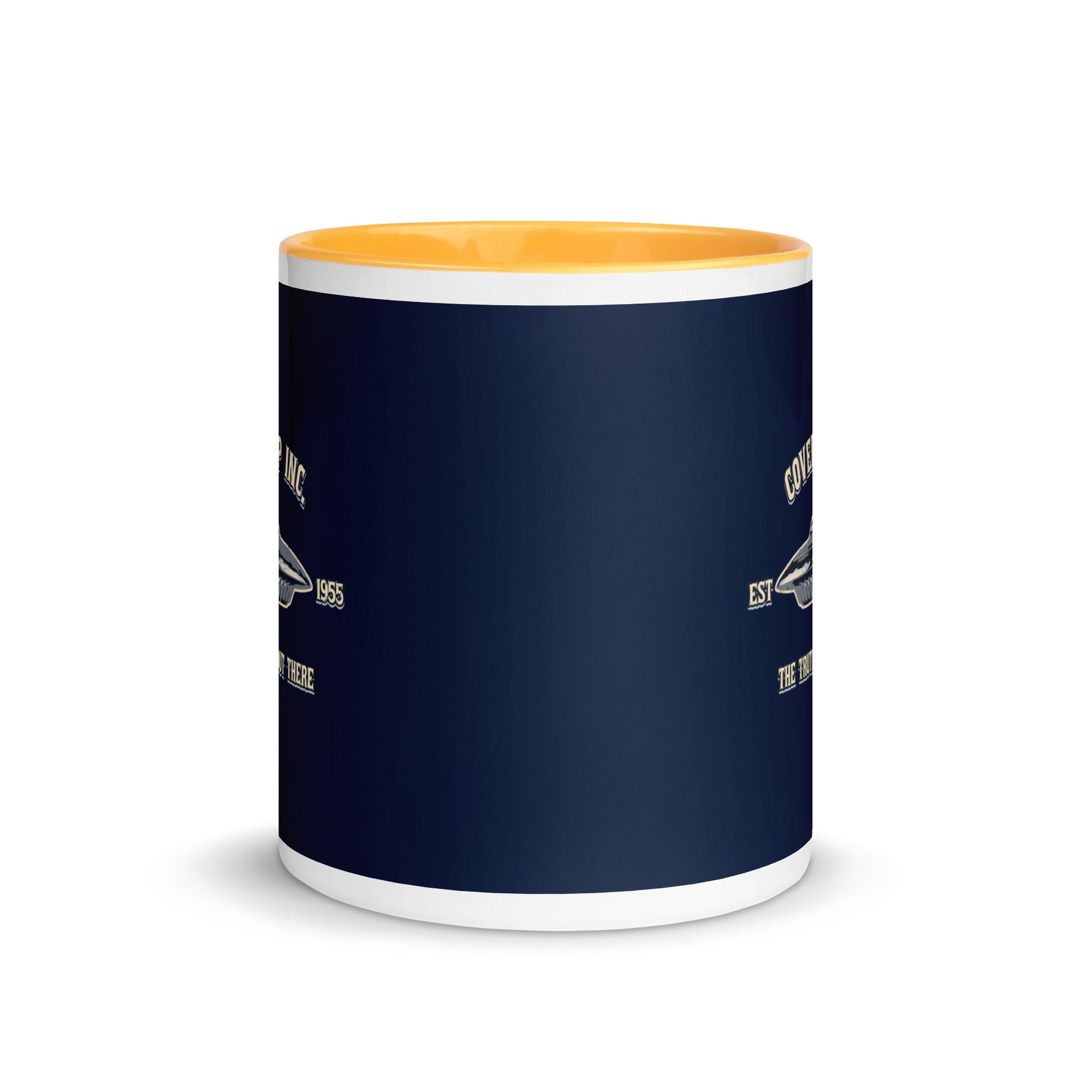a blue and white coffee mug with a yellow rim
