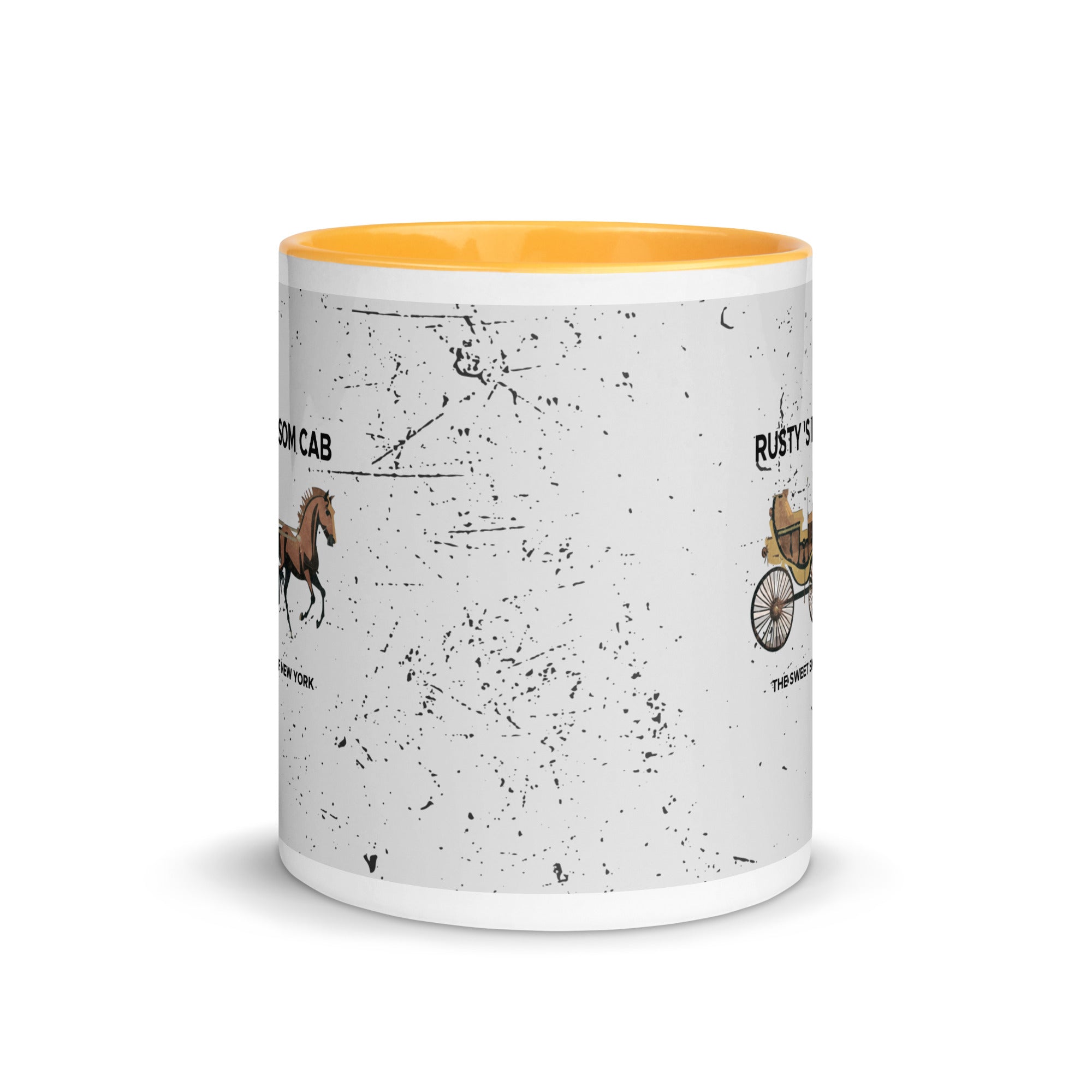 a white and yellow coffee mug with a picture of a horse