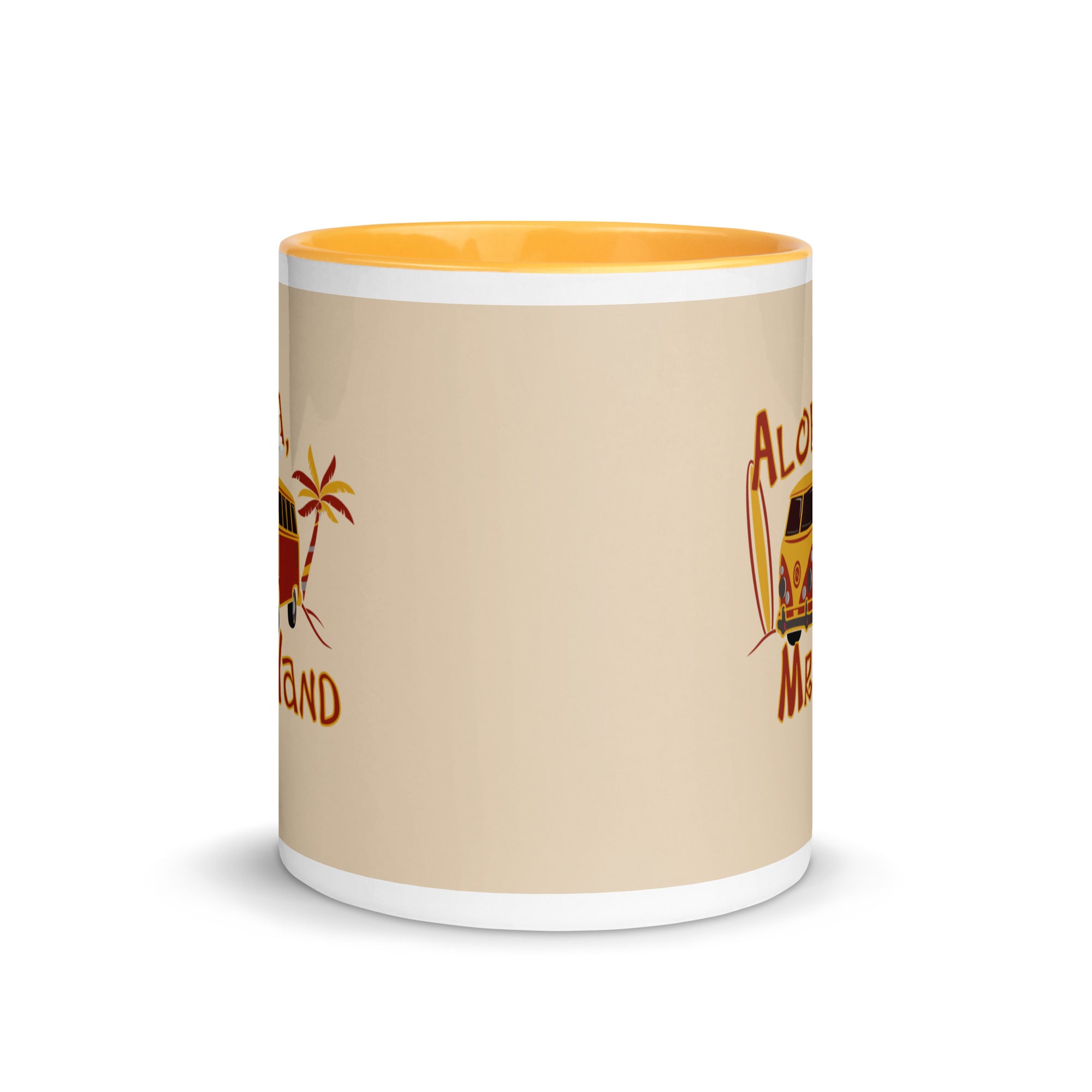 a coffee mug with a picture of a surfboard on it