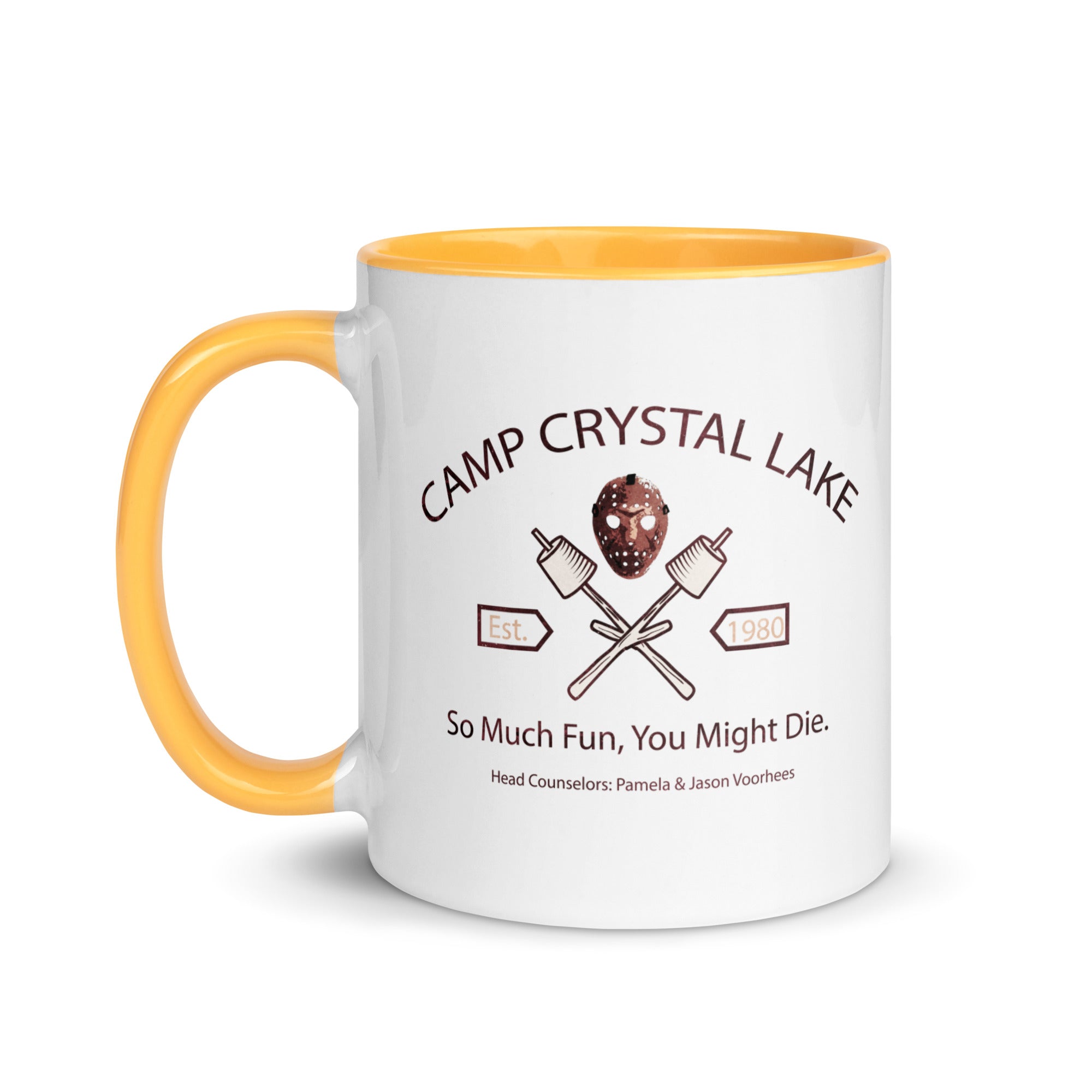 a camp crystal lake mug with a picture of the camp crystal lake logo on it