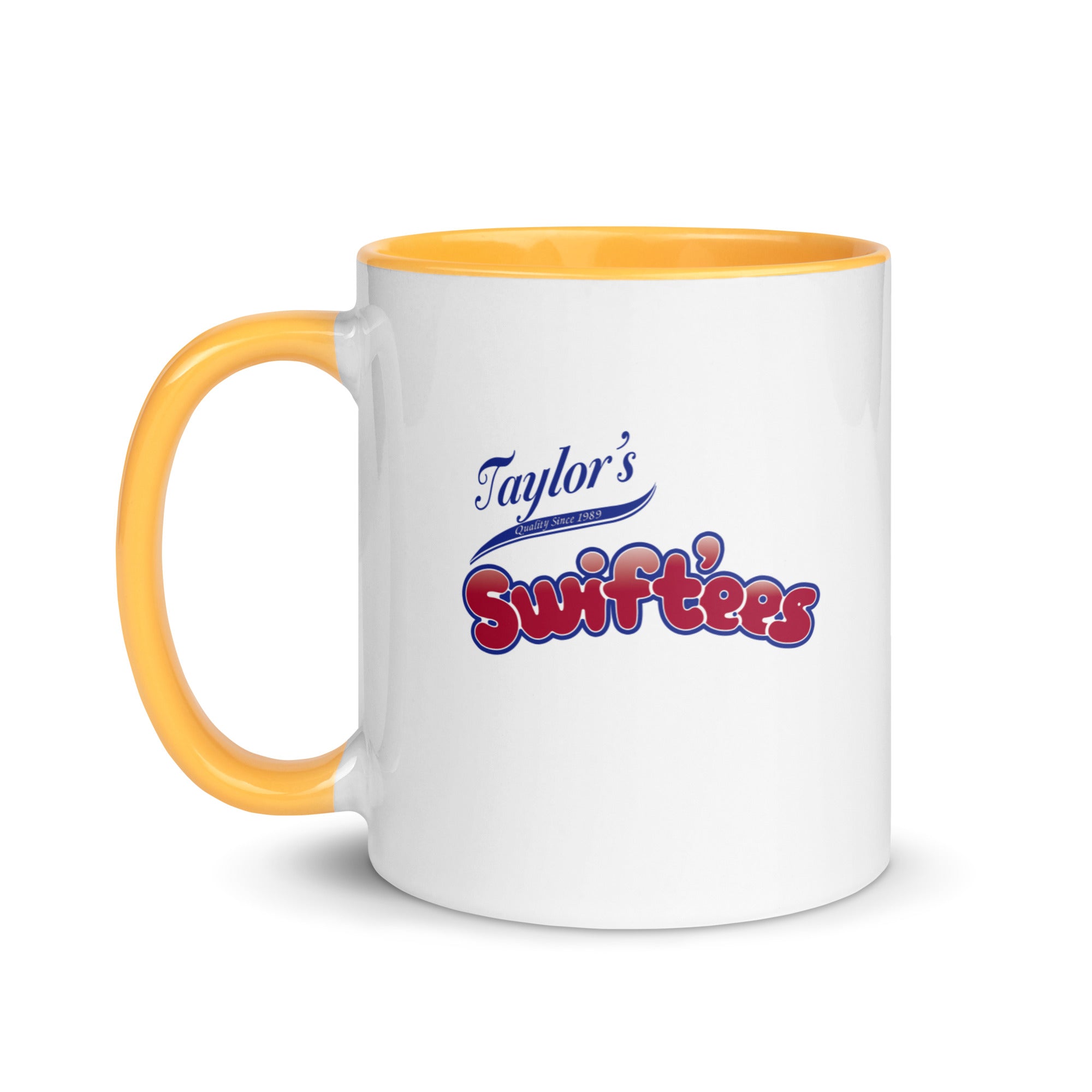 a white and yellow coffee mug with taylor's surffries on it