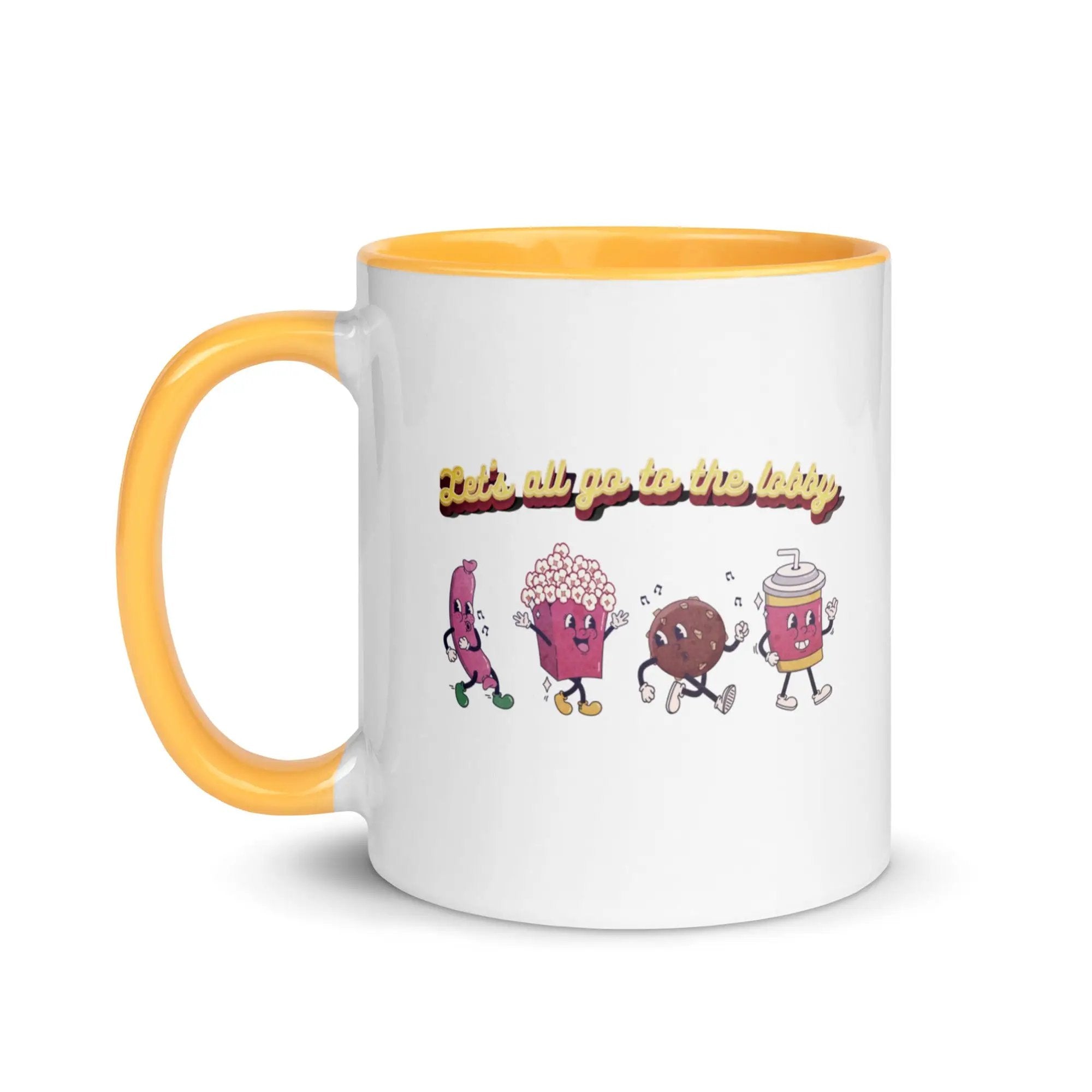 a white and yellow coffee mug with cartoon characters on it