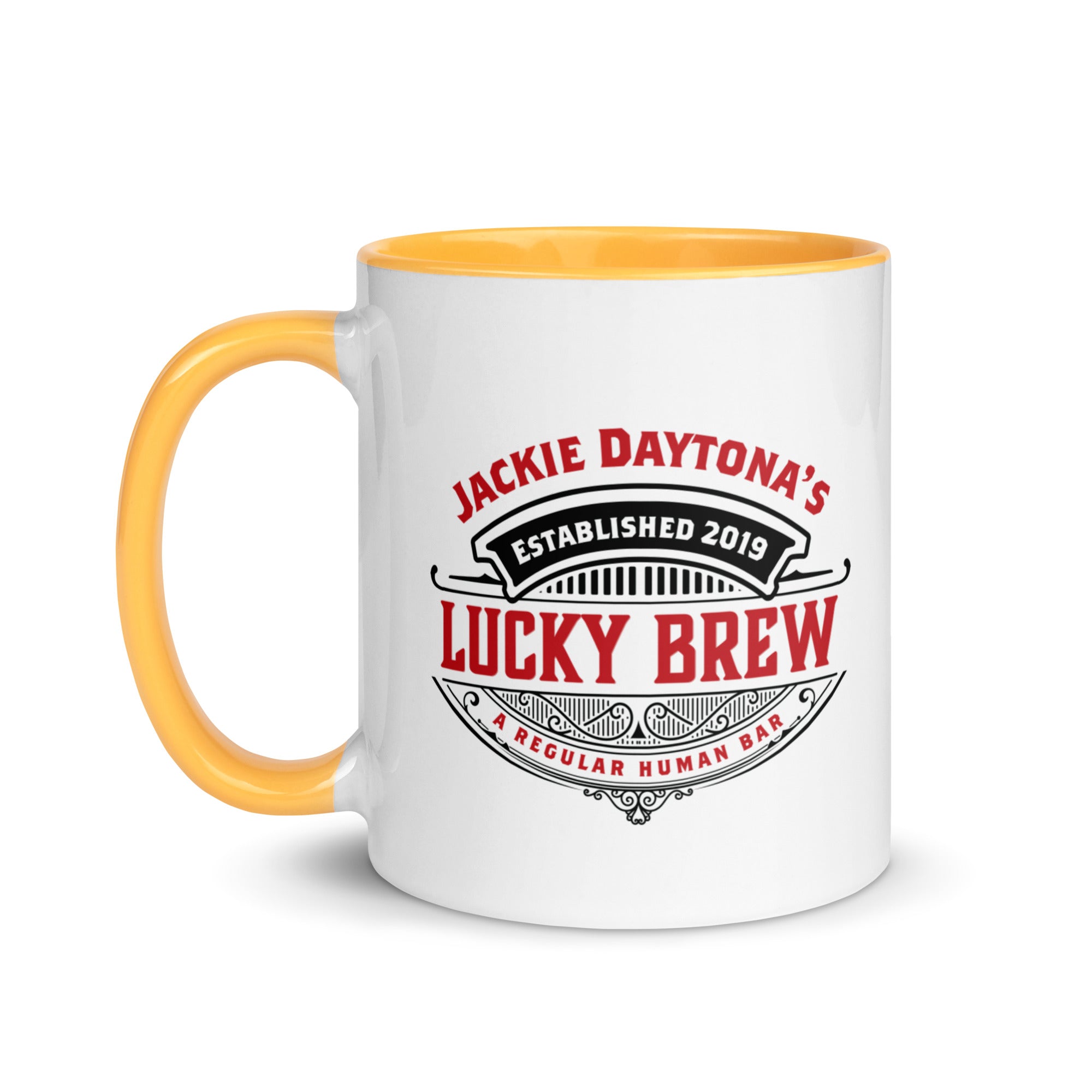a white and yellow coffee mug with the words lucky brew on it