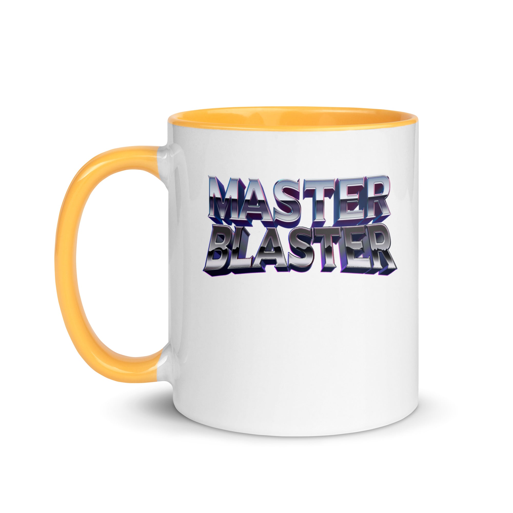 a white and yellow coffee mug with the words master blaster on it