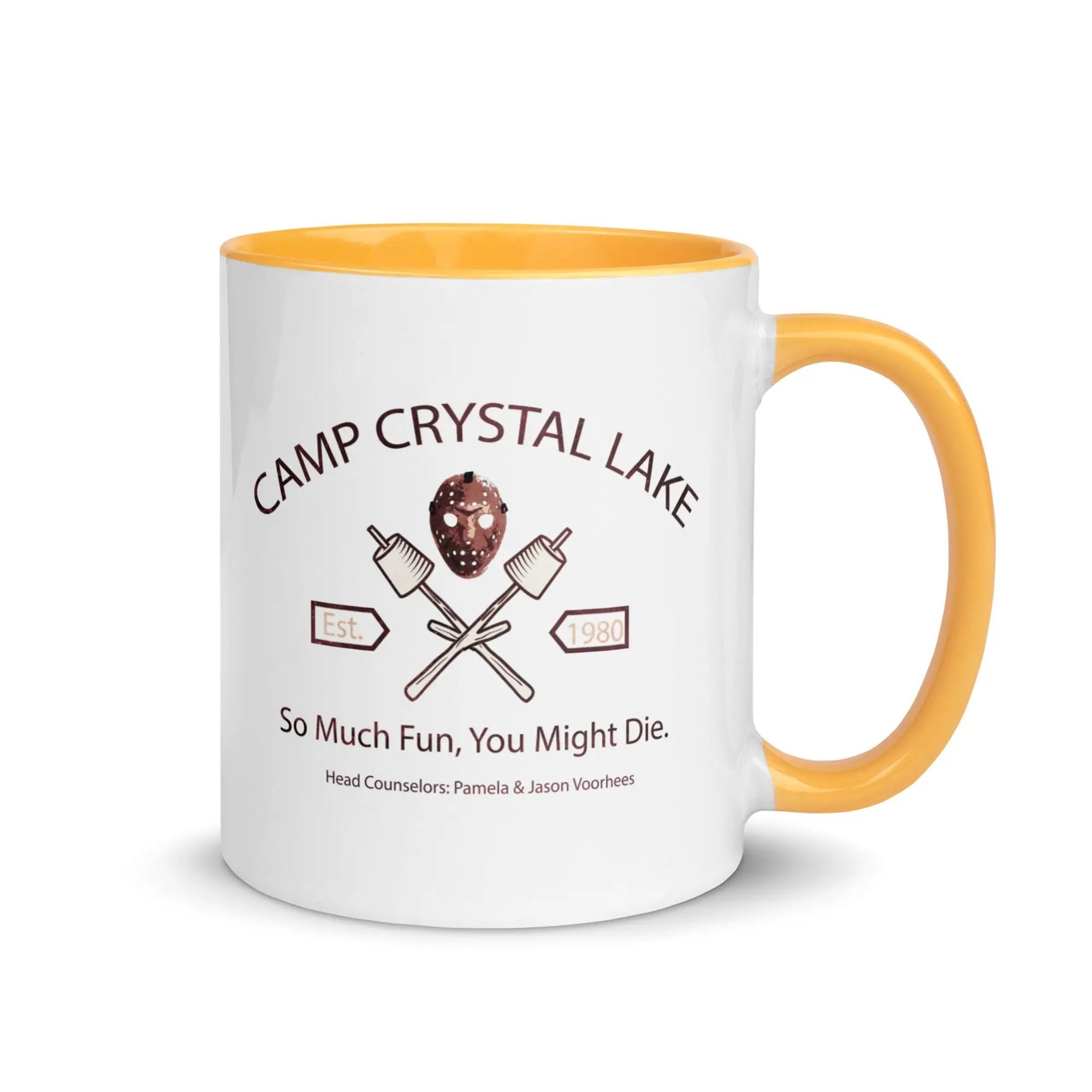 a coffee mug with a camp crystal lake logo on it