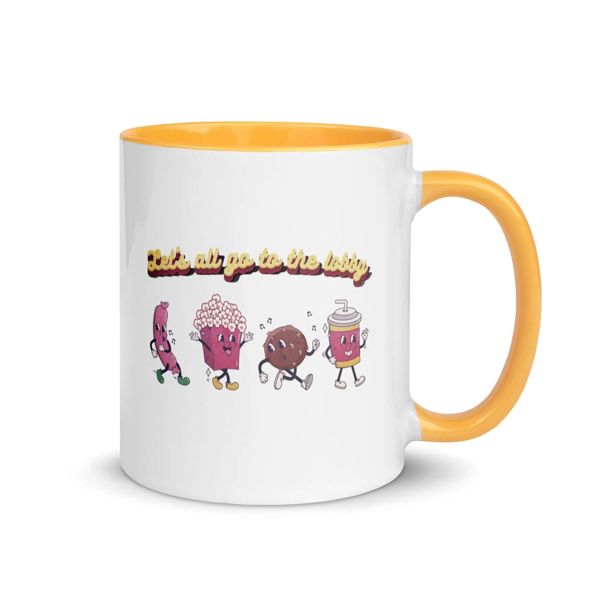 a white and yellow coffee mug with cartoon characters on it