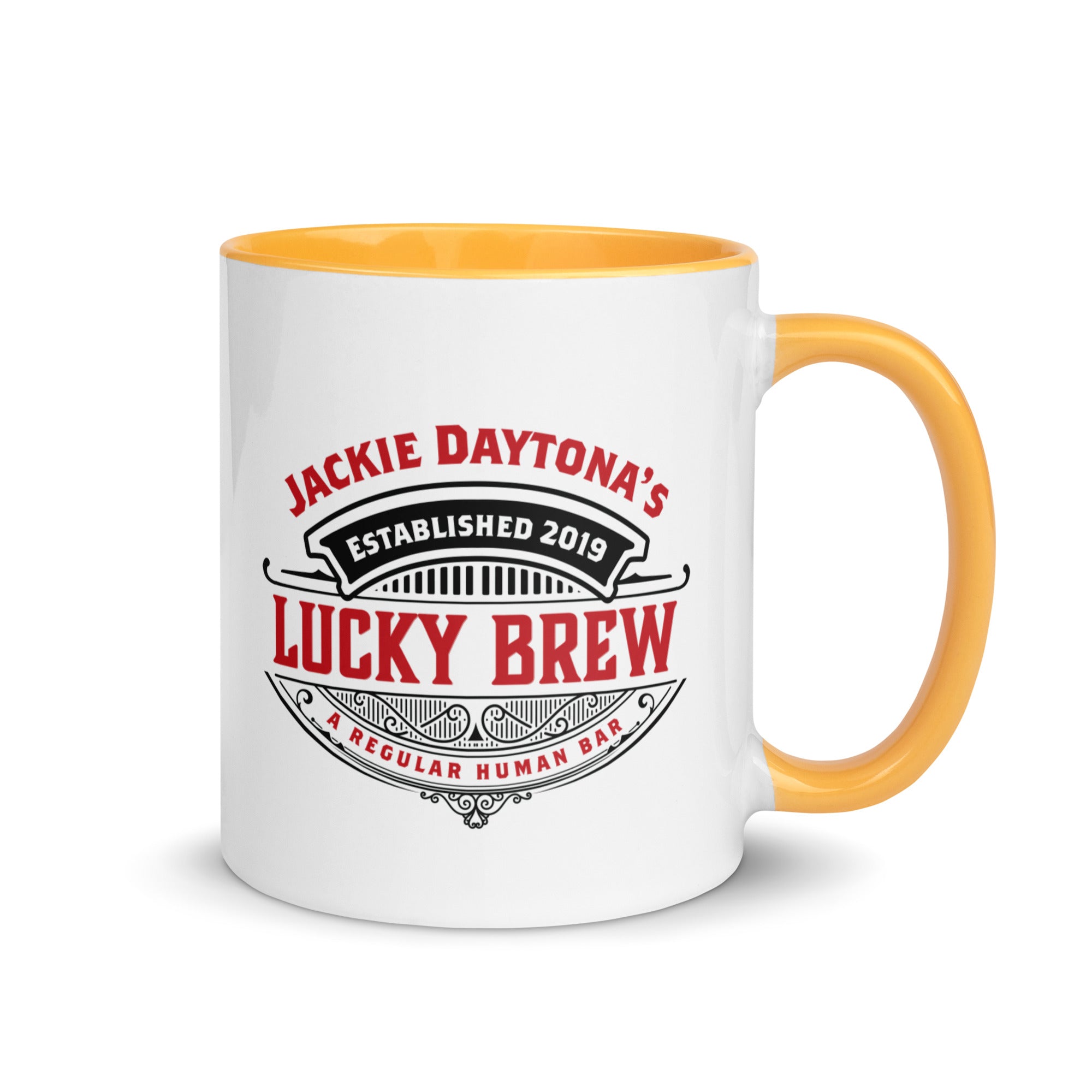 a white and yellow coffee mug with the words lucky brew on it