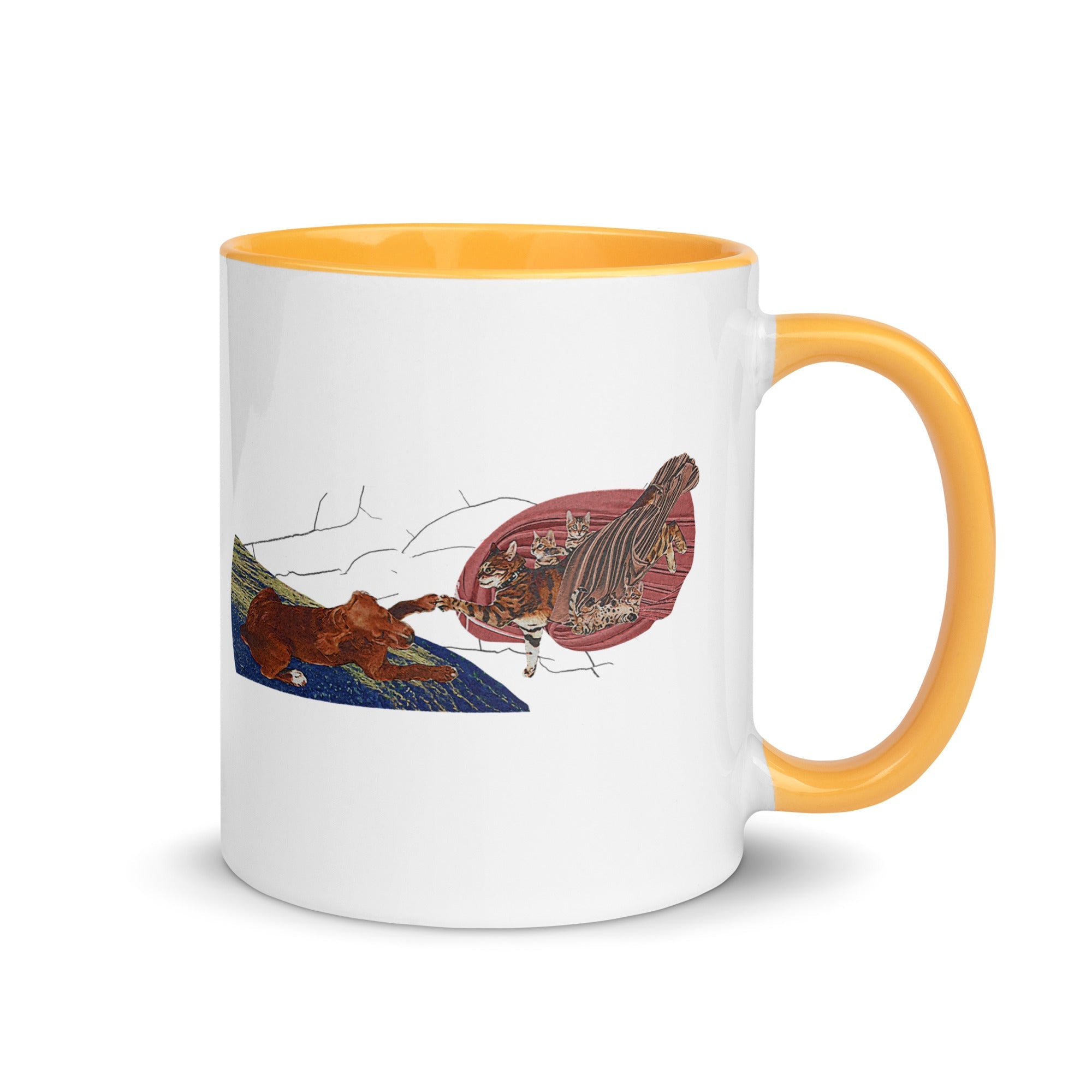 a white and yellow coffee mug with a picture of a horse and a hot air
