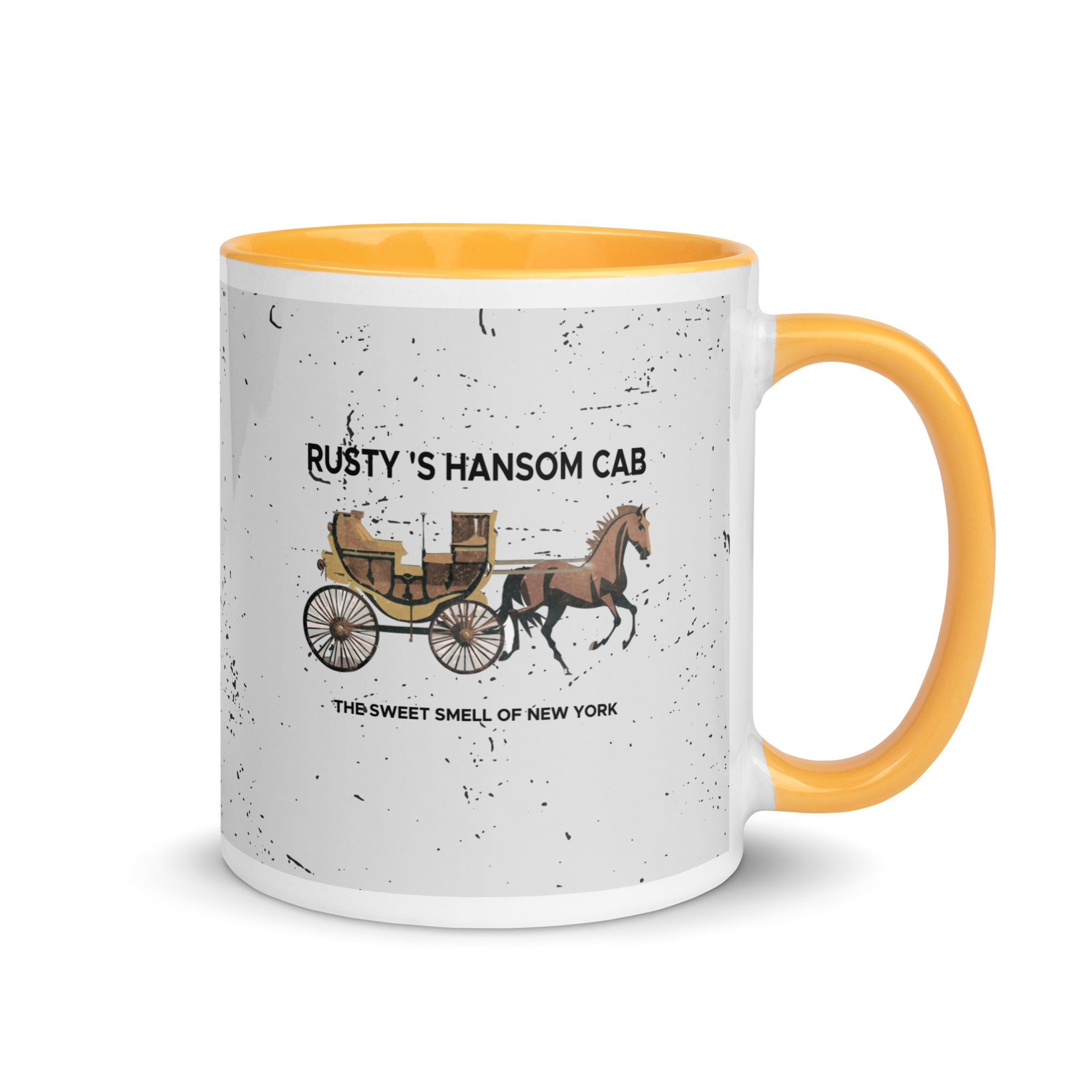 a coffee mug with a horse drawn carriage