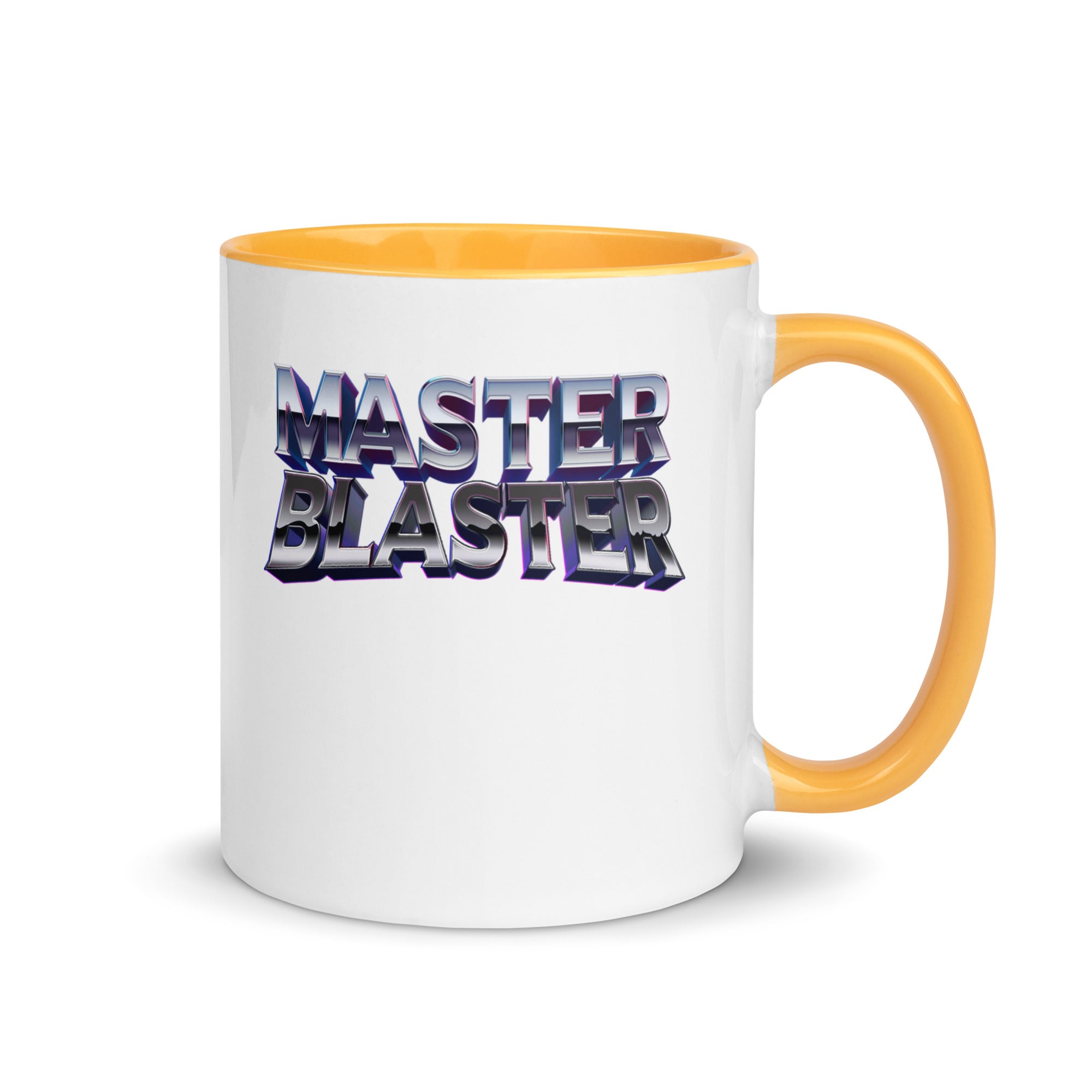 a white and yellow coffee mug with the words master blaster on it