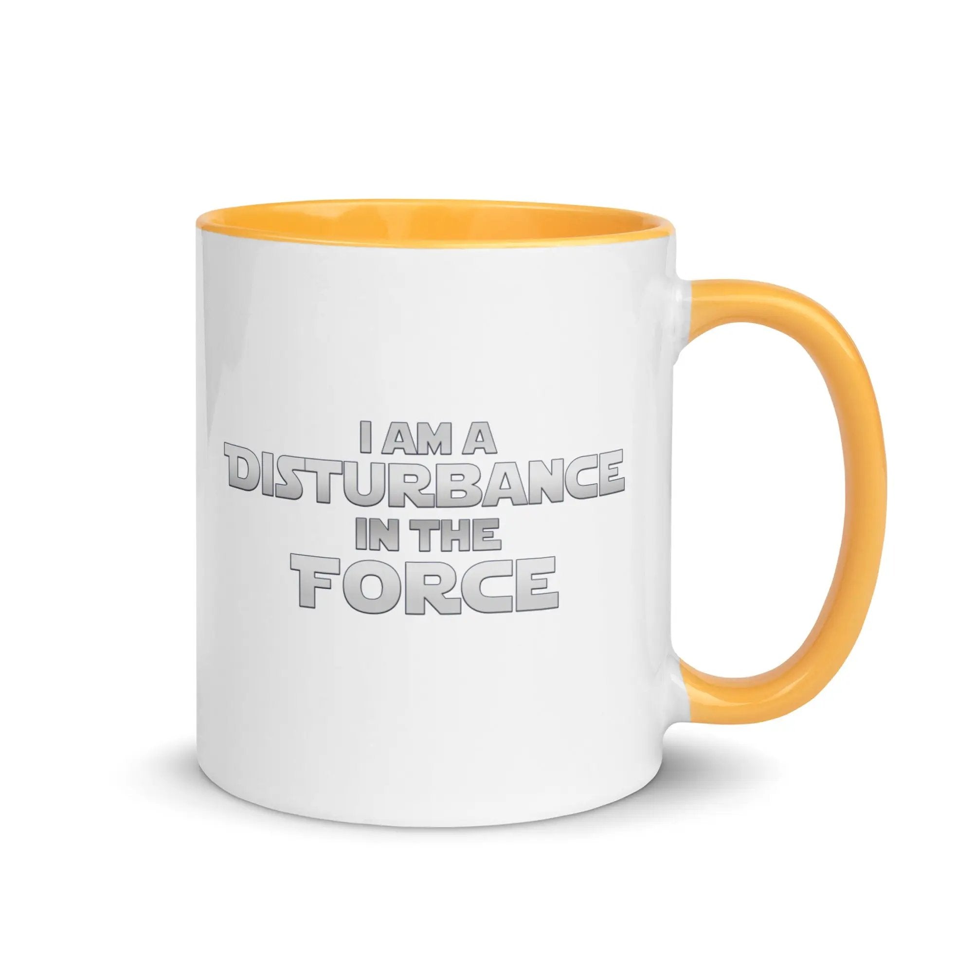 a white and yellow coffee mug with the words i am a distance in the force