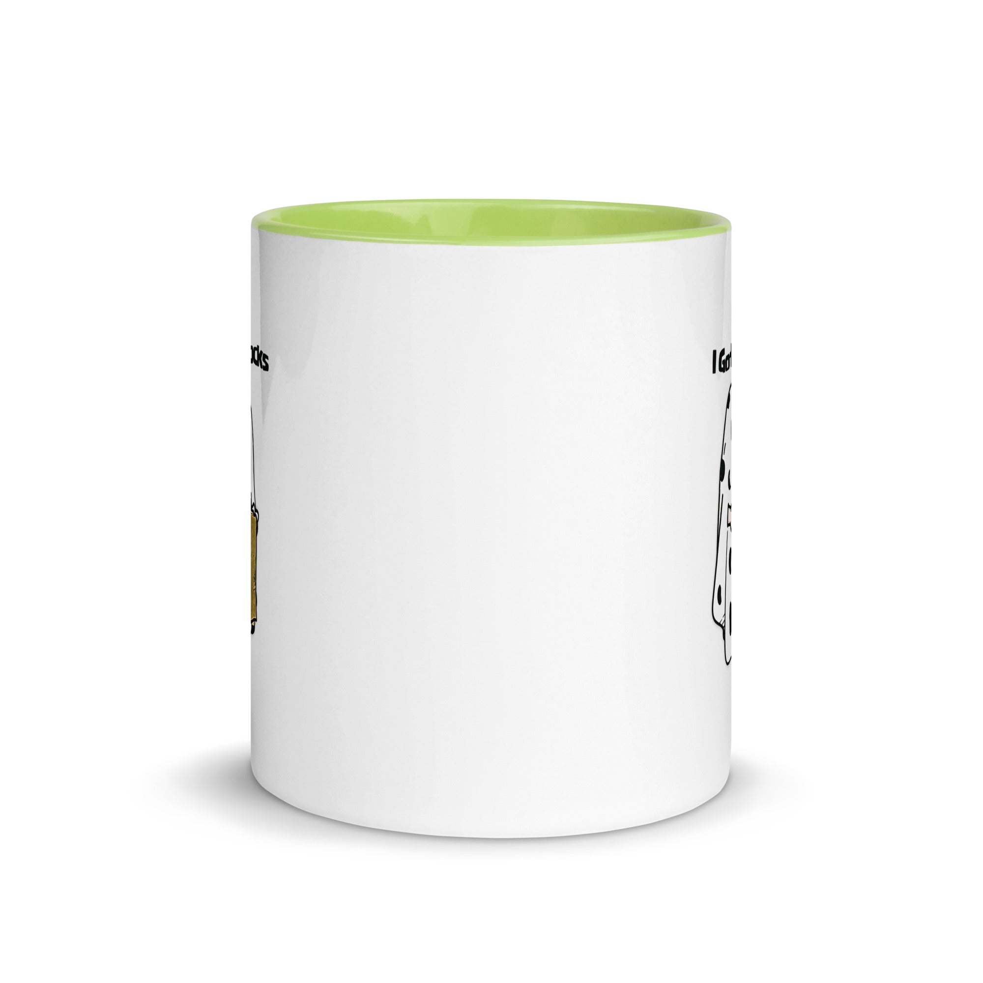 a white and green coffee mug with a yellow rim