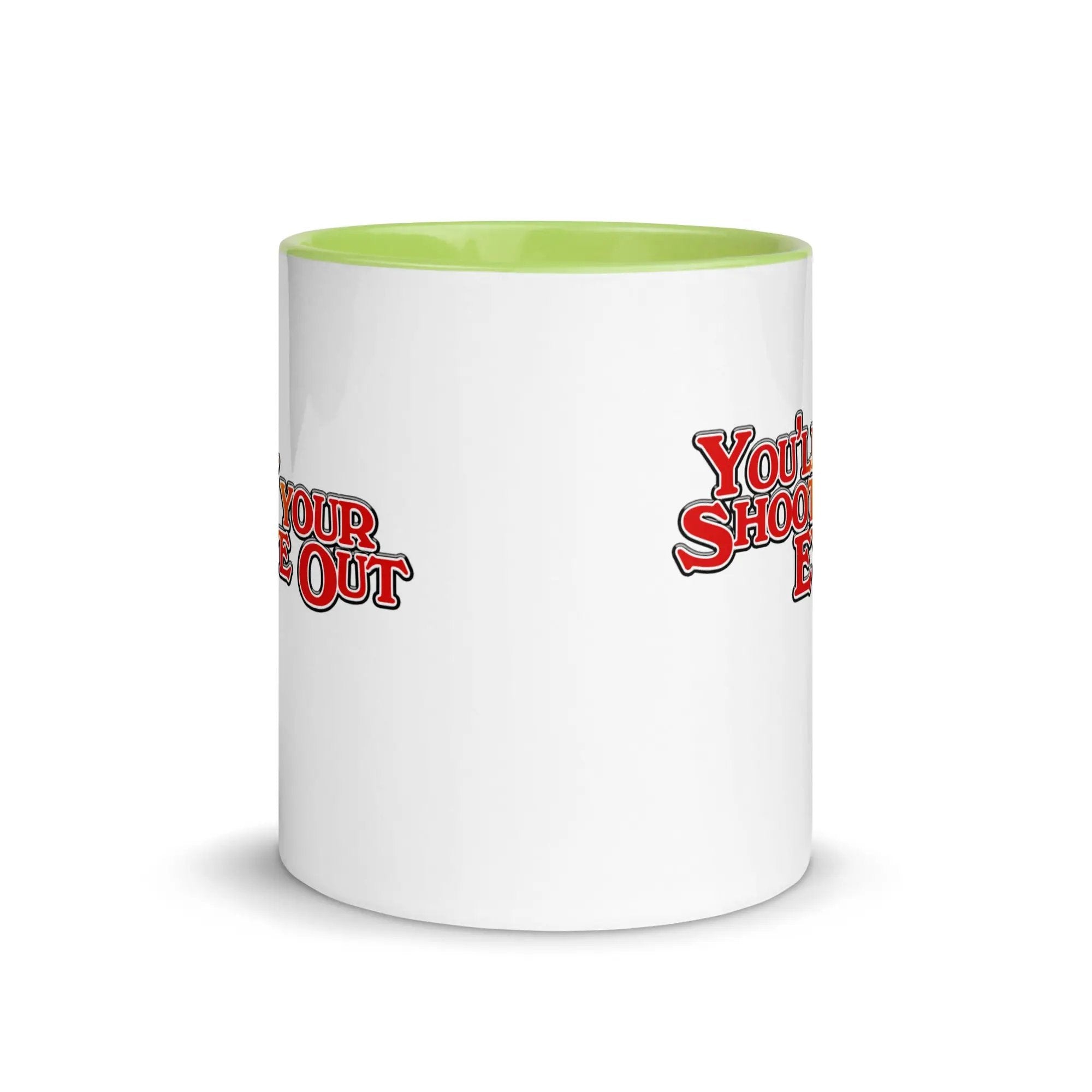 a white and green coffee mug with the words your shot on it