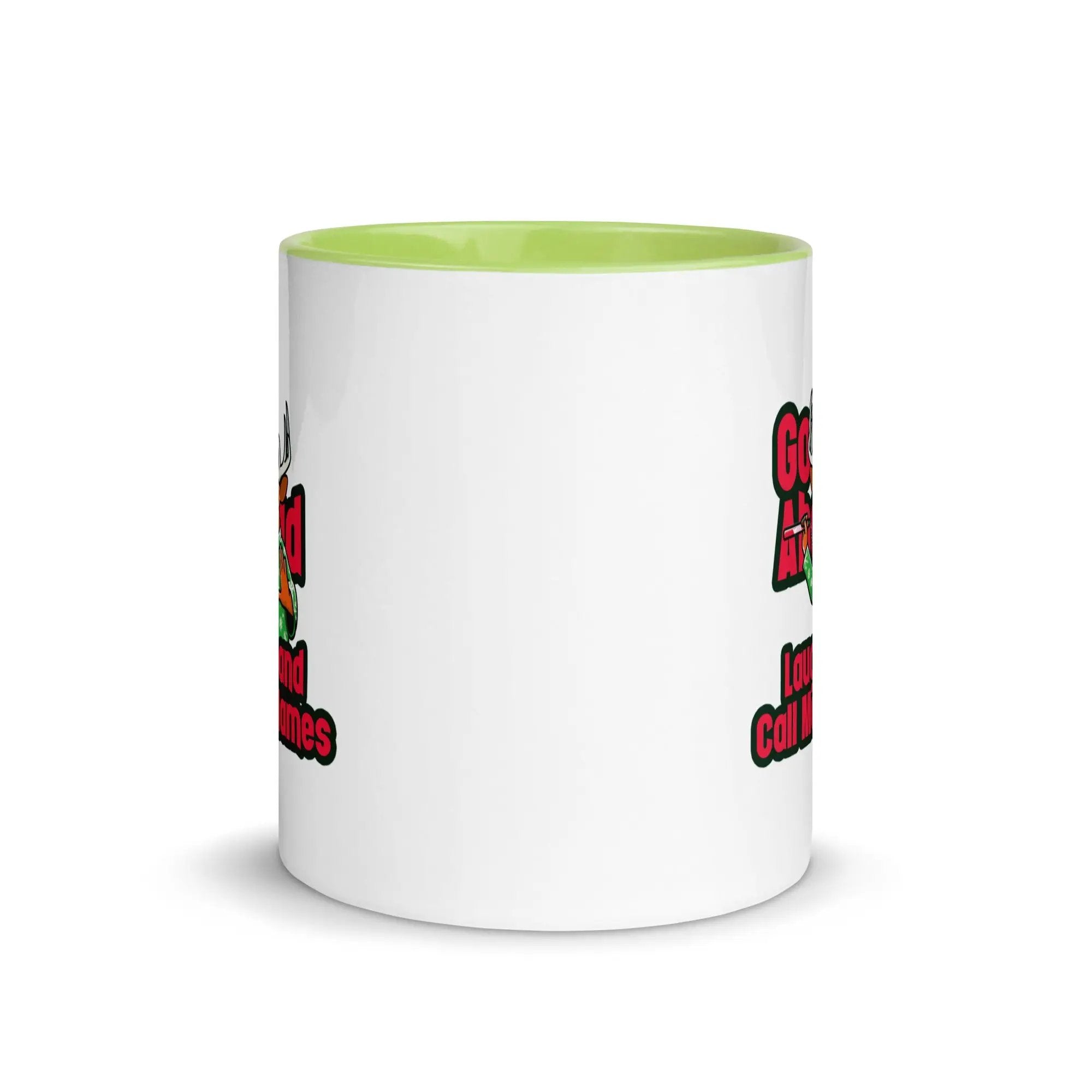a white and green coffee mug with a green bottom