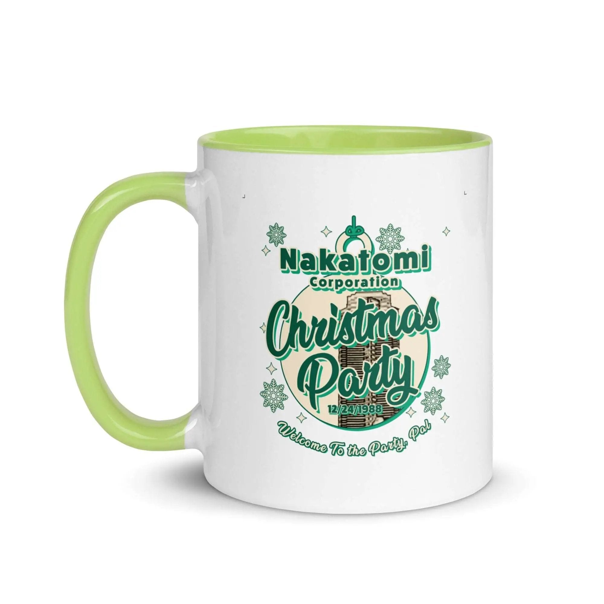 a green and white coffee mug with the words christmas party on it