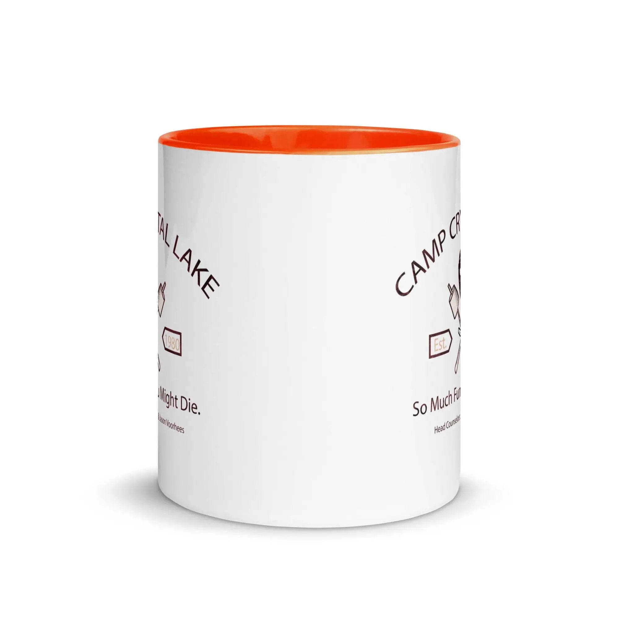 a white coffee mug with an orange rim