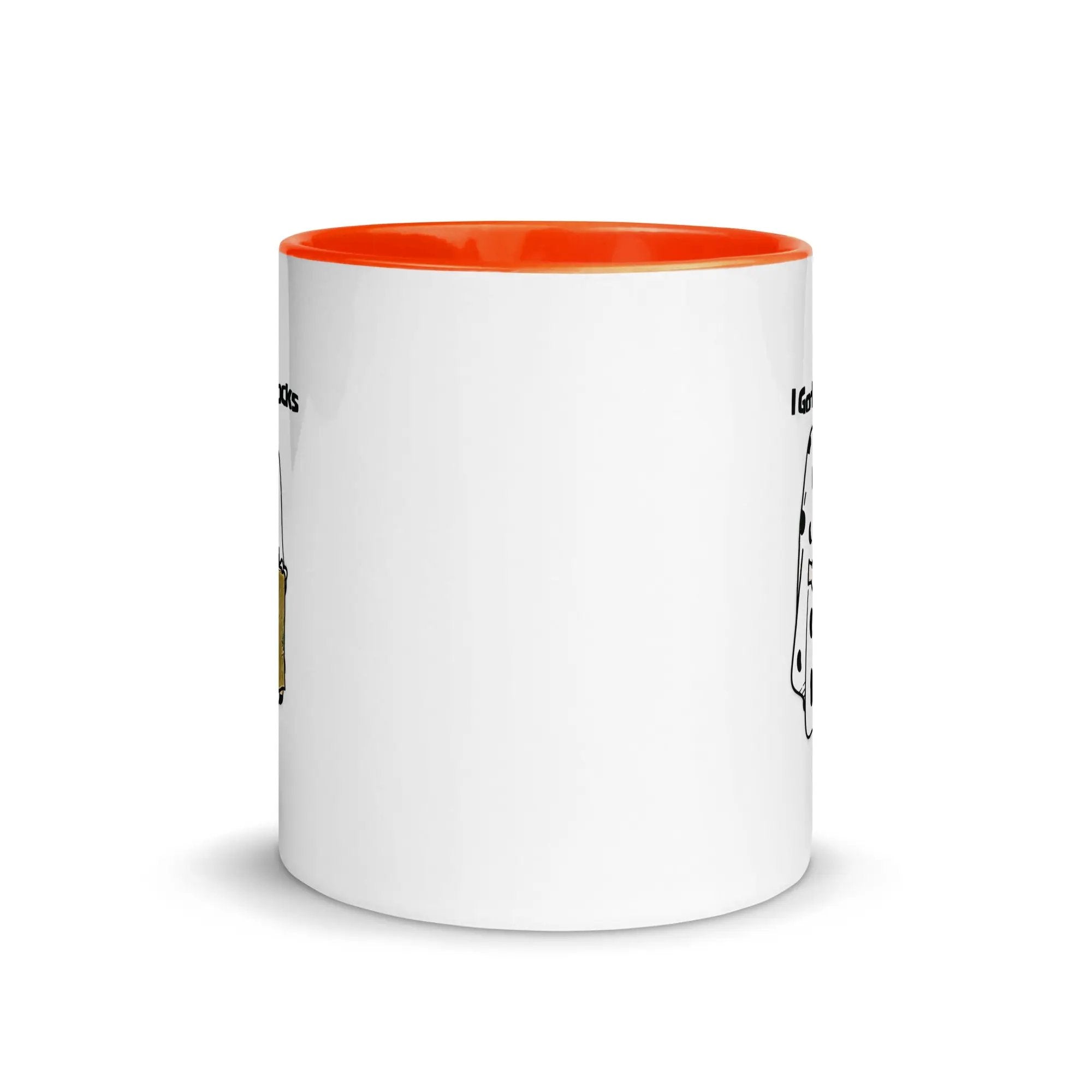 a white and orange coffee mug with words on it
