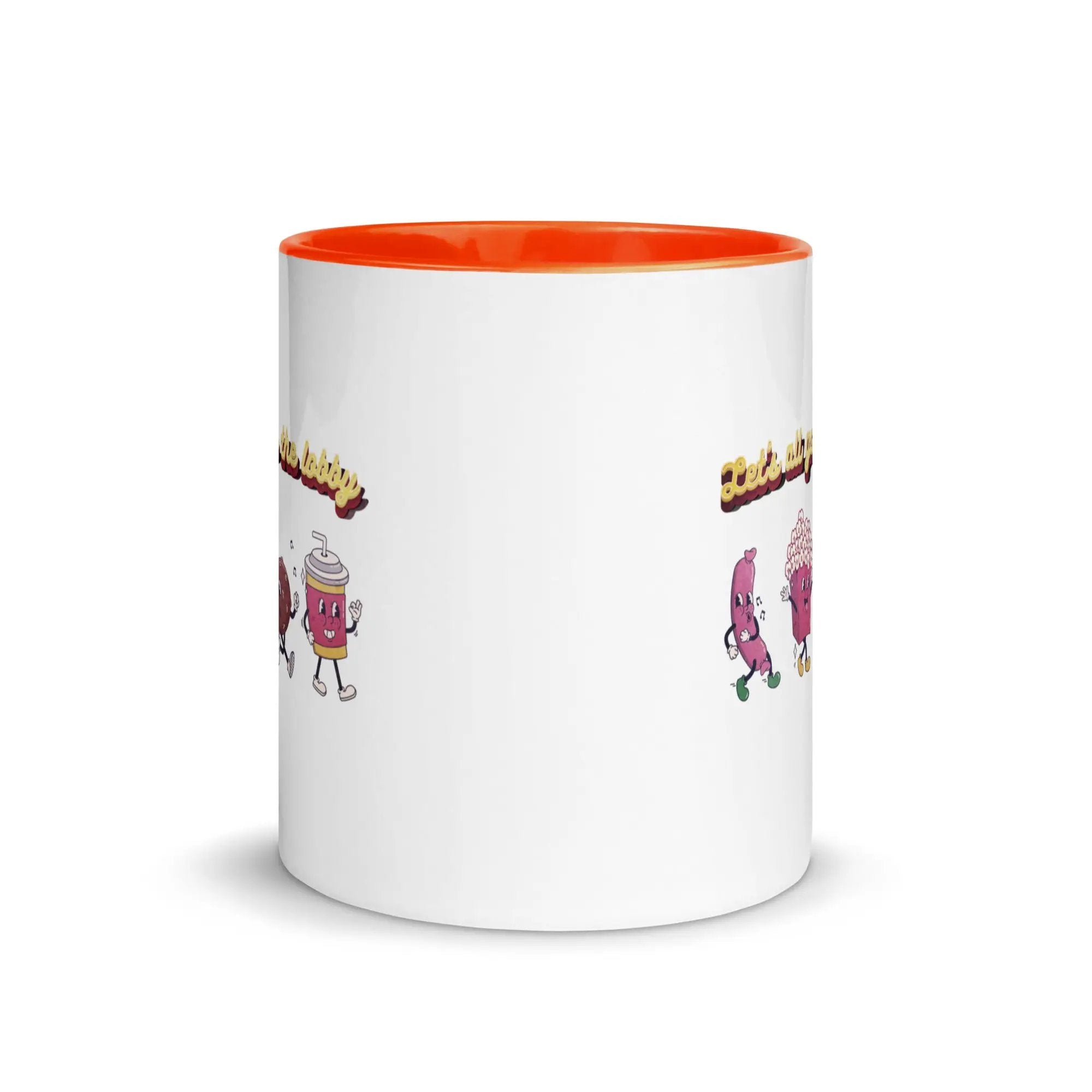a white and orange coffee mug with cartoon characters on it