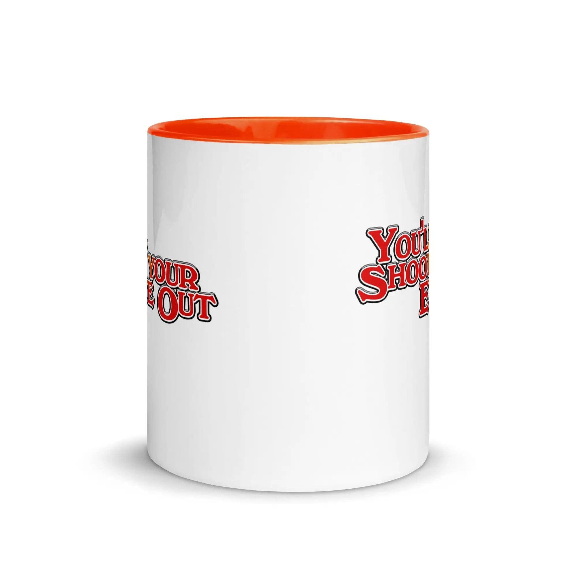 a white and orange coffee mug with the words your shot on it