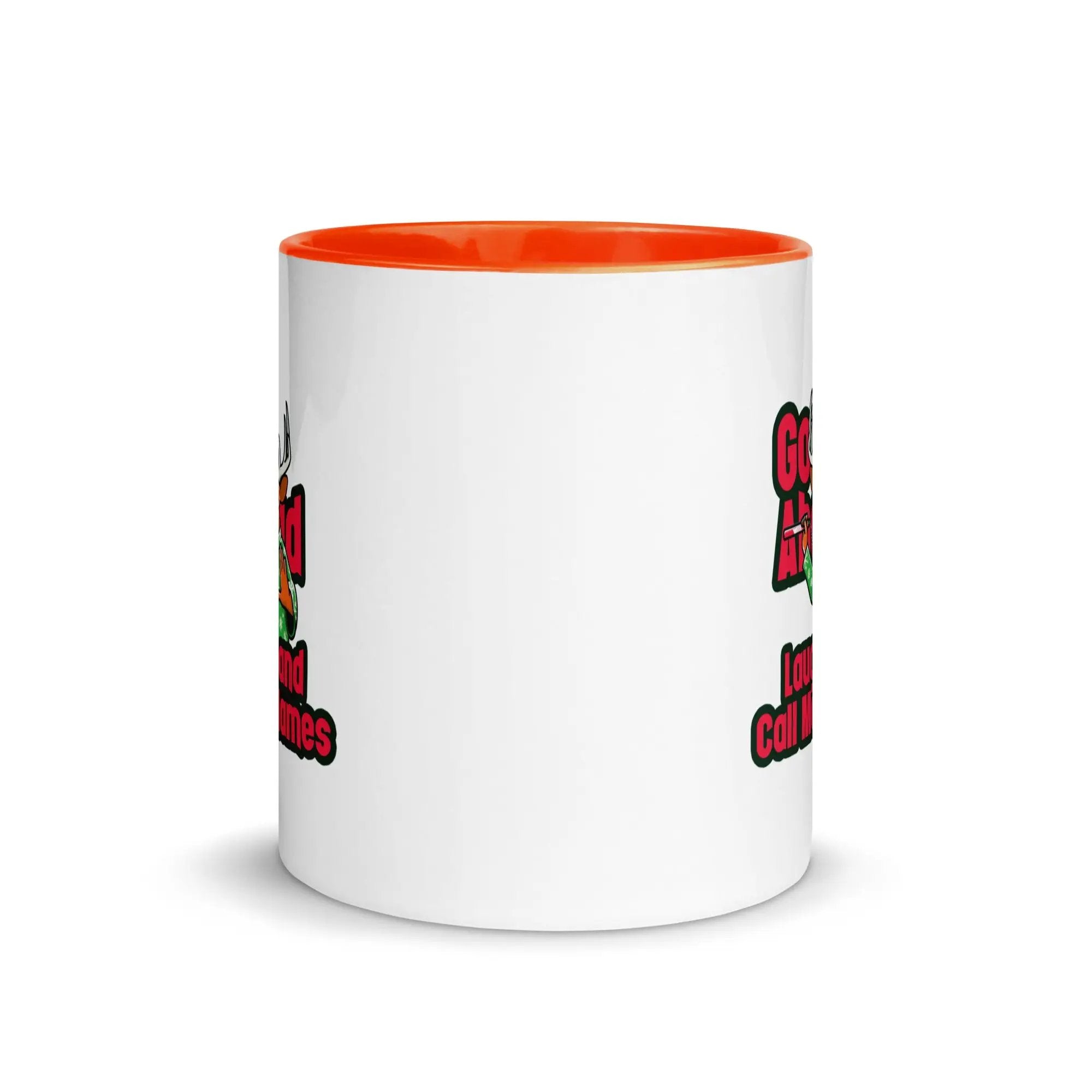 a white and orange coffee mug with a red rim