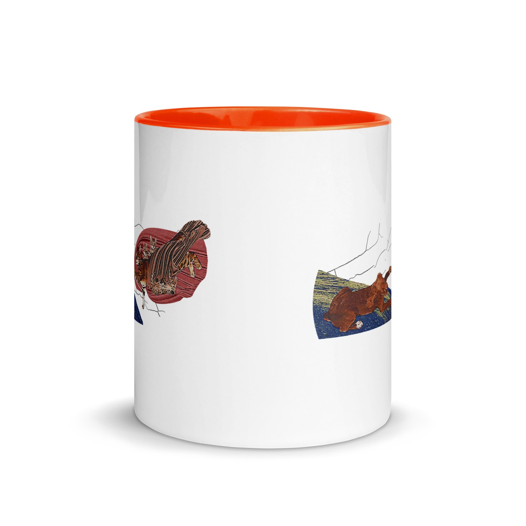 a white and orange coffee mug with a picture of a horse