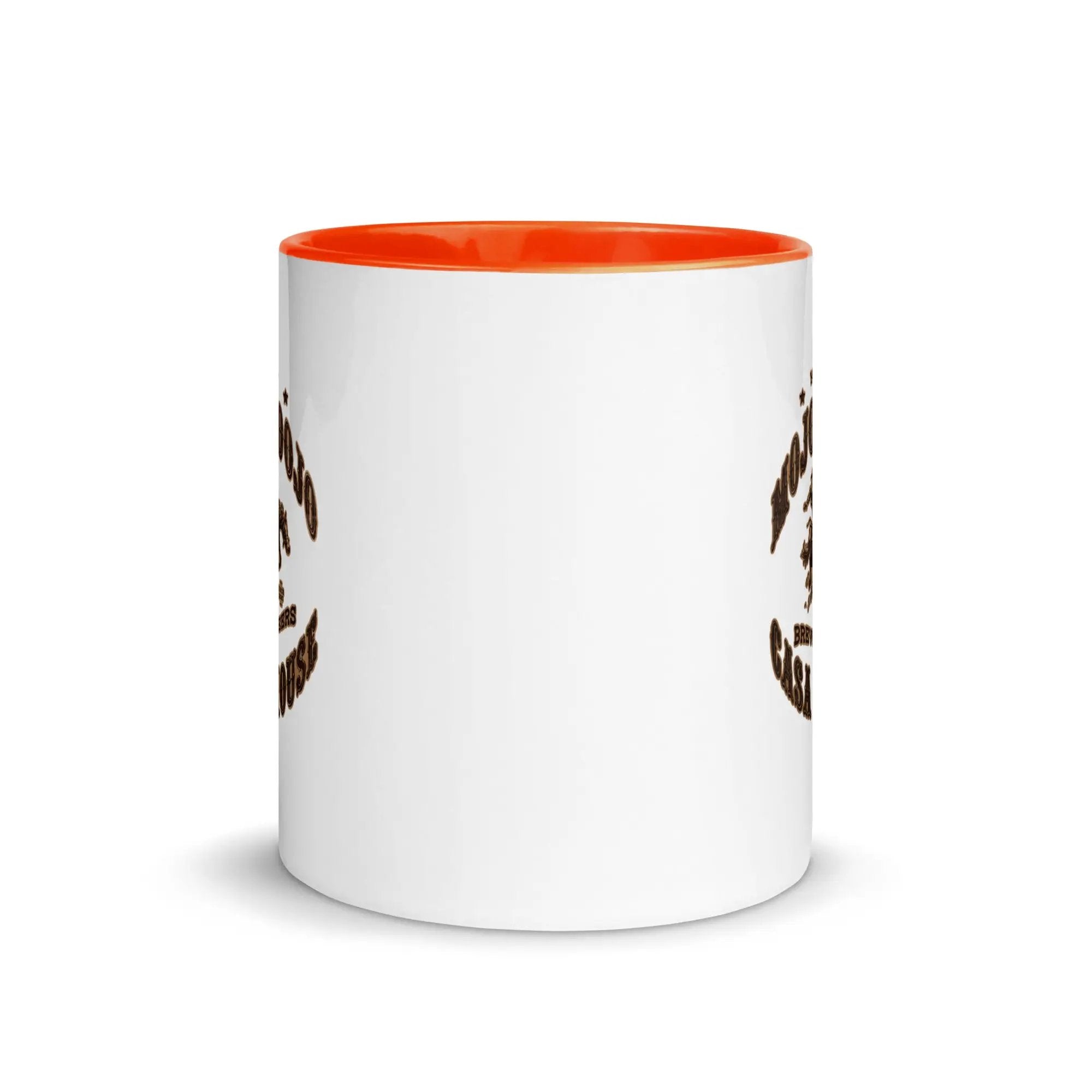 a white and orange coffee mug on a white background