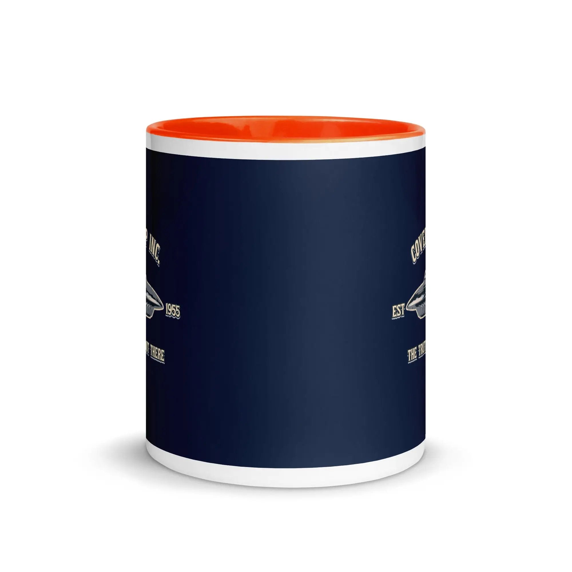 a blue and orange coffee mug with a white bottom