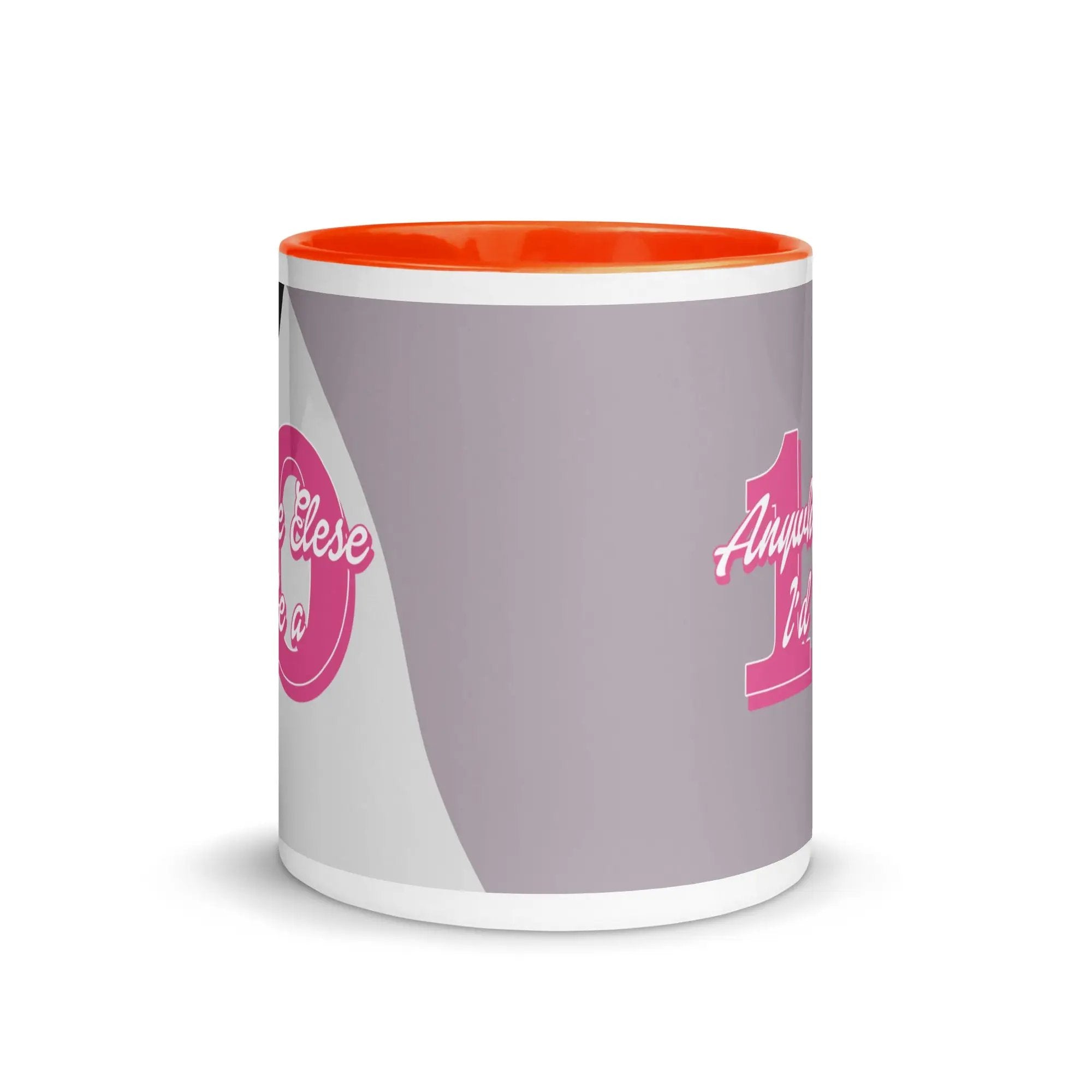 an orange and white coffee mug with a pink handle