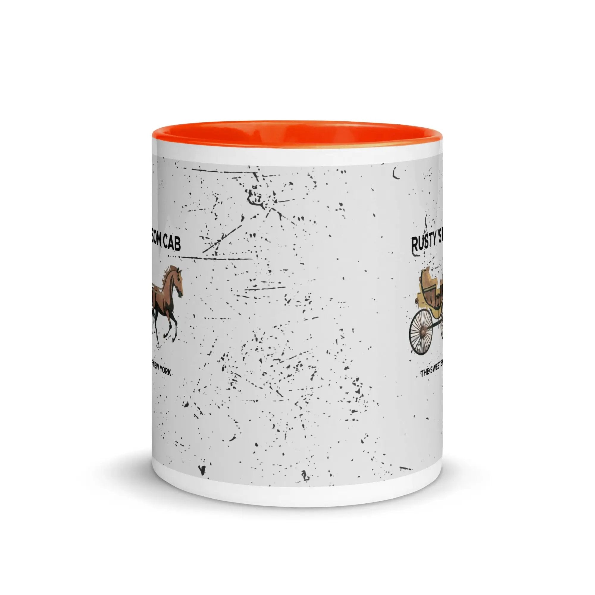 a white and orange coffee mug with a picture of a horse
