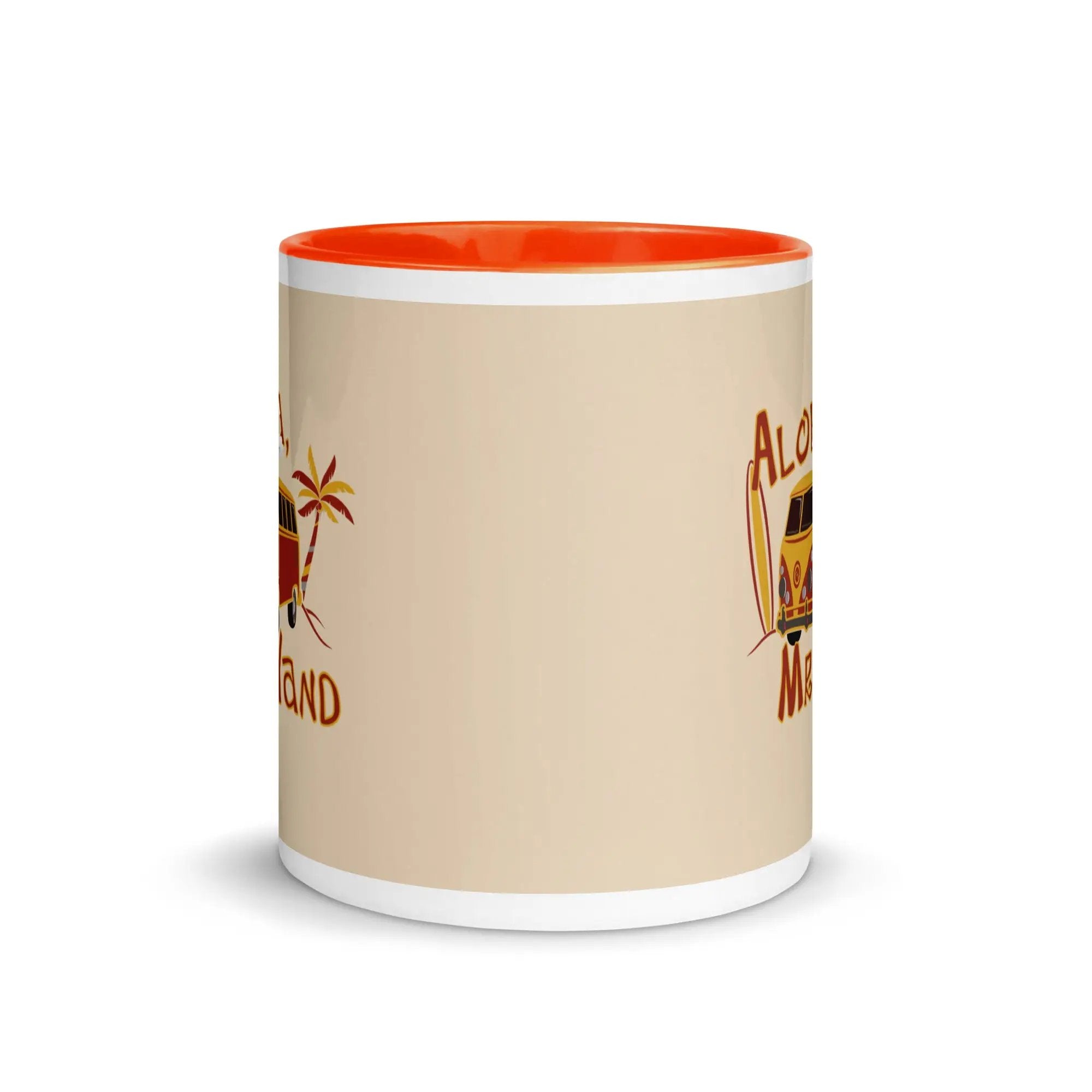 a white and orange coffee mug with a picture of a surfboard