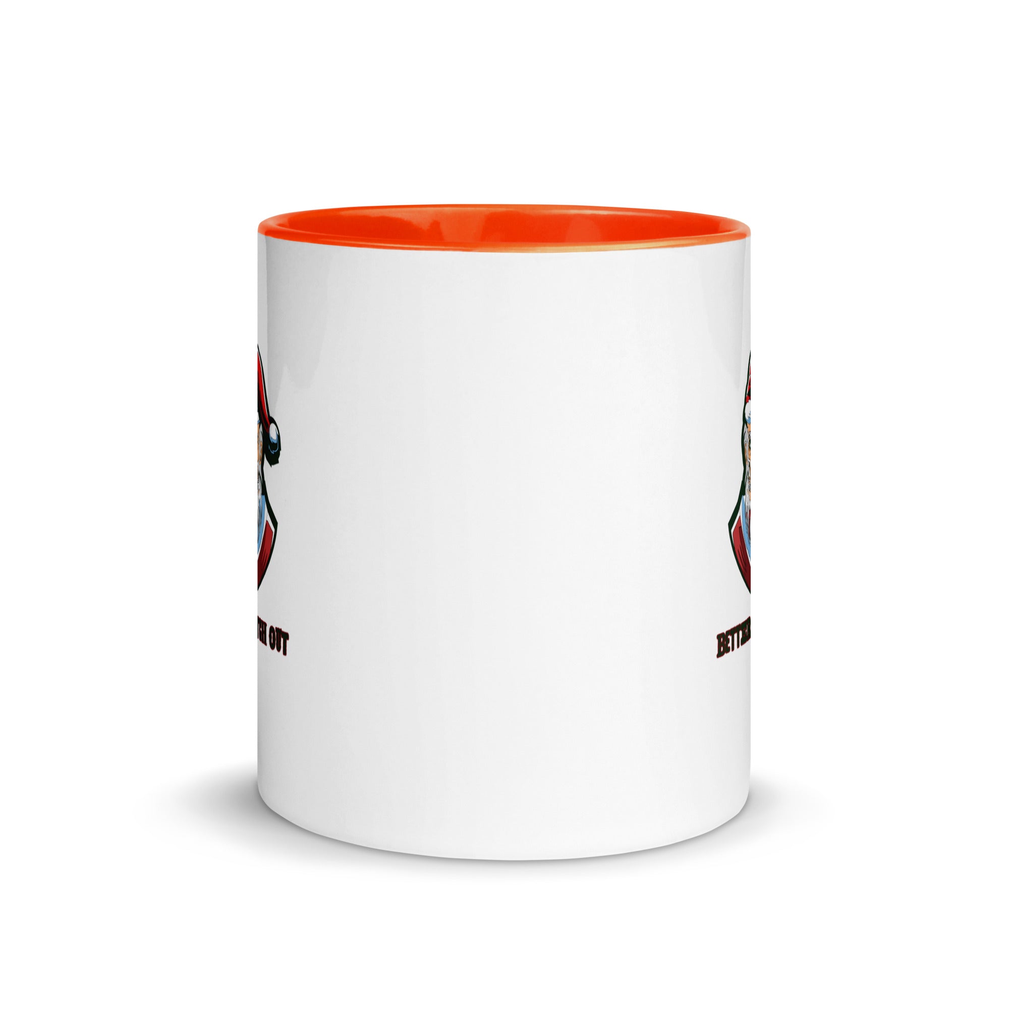 a white and orange coffee mug with an orange rim