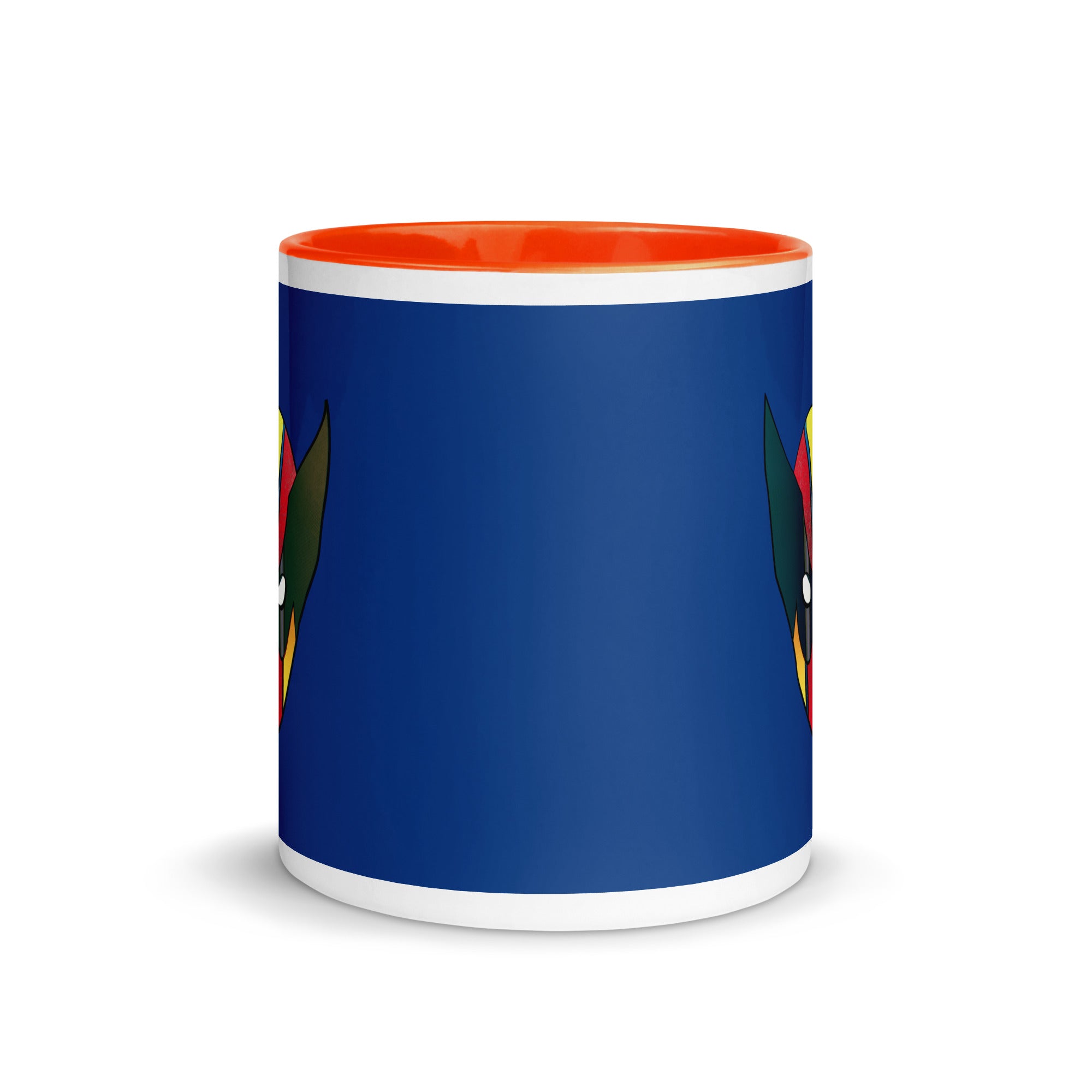 a blue and orange coffee mug with a bird on it