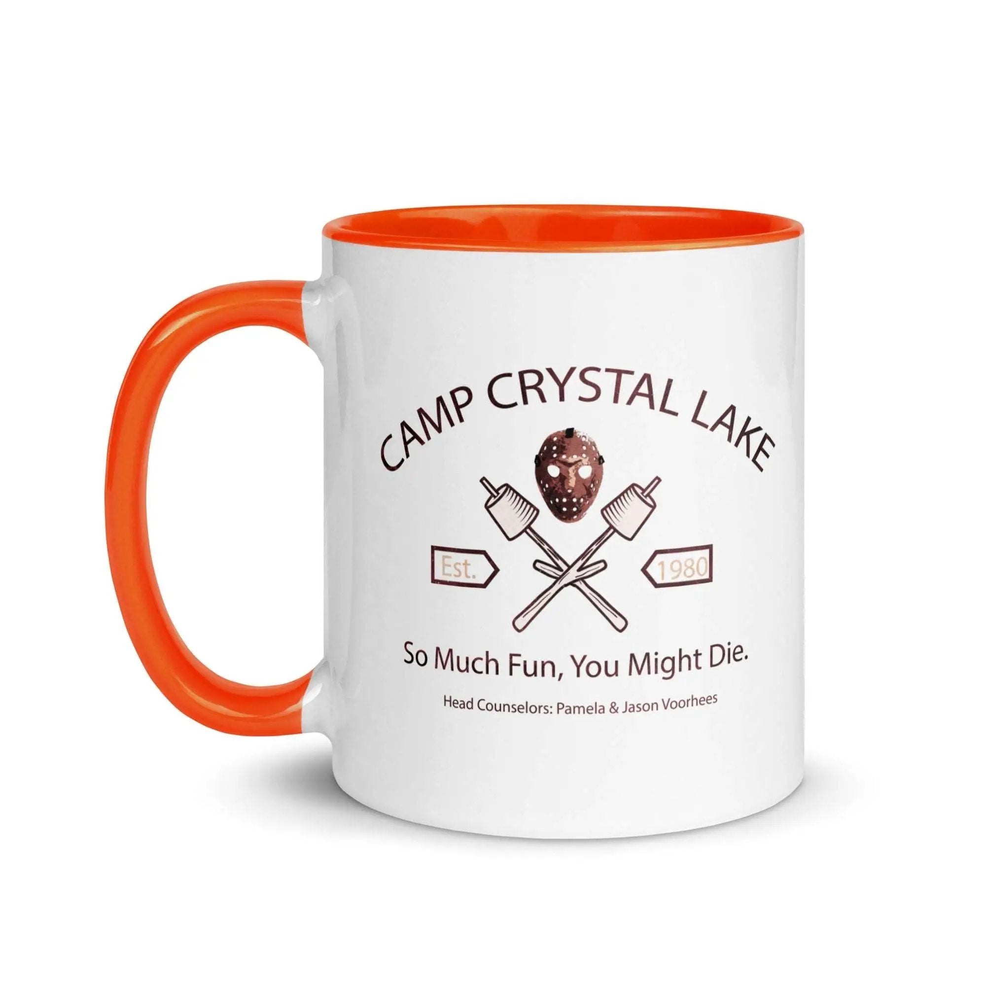 a camp crystal lake mug with an orange handle