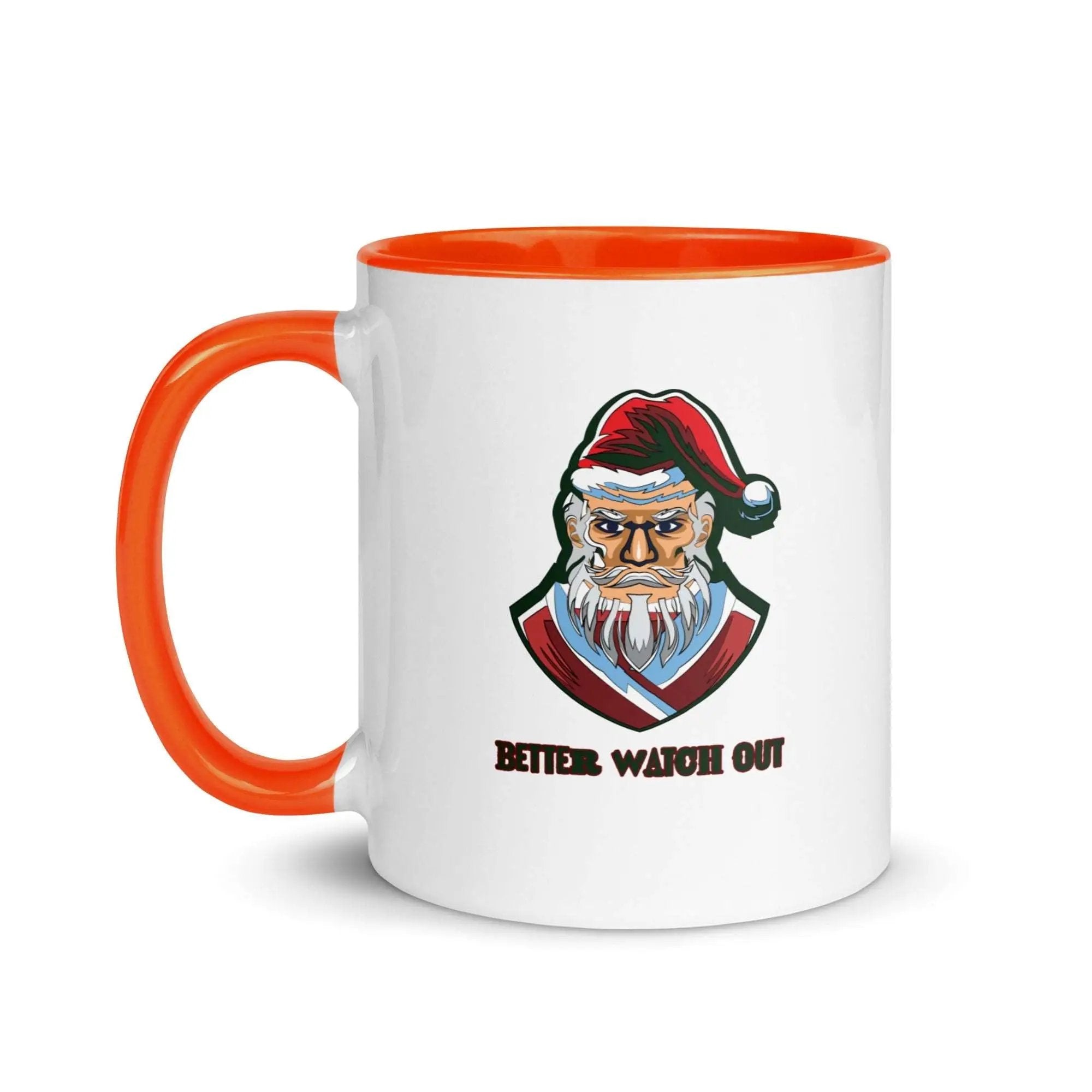 a white and orange coffee mug with a santa clause on it