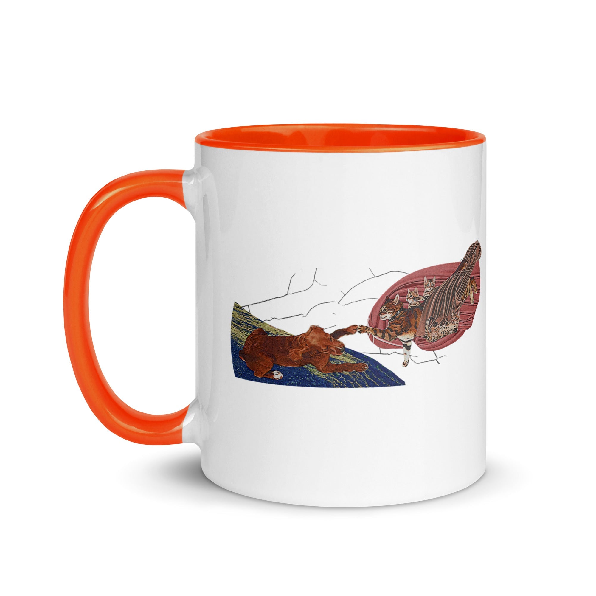 a white and orange coffee mug with a picture of a butterfly on it