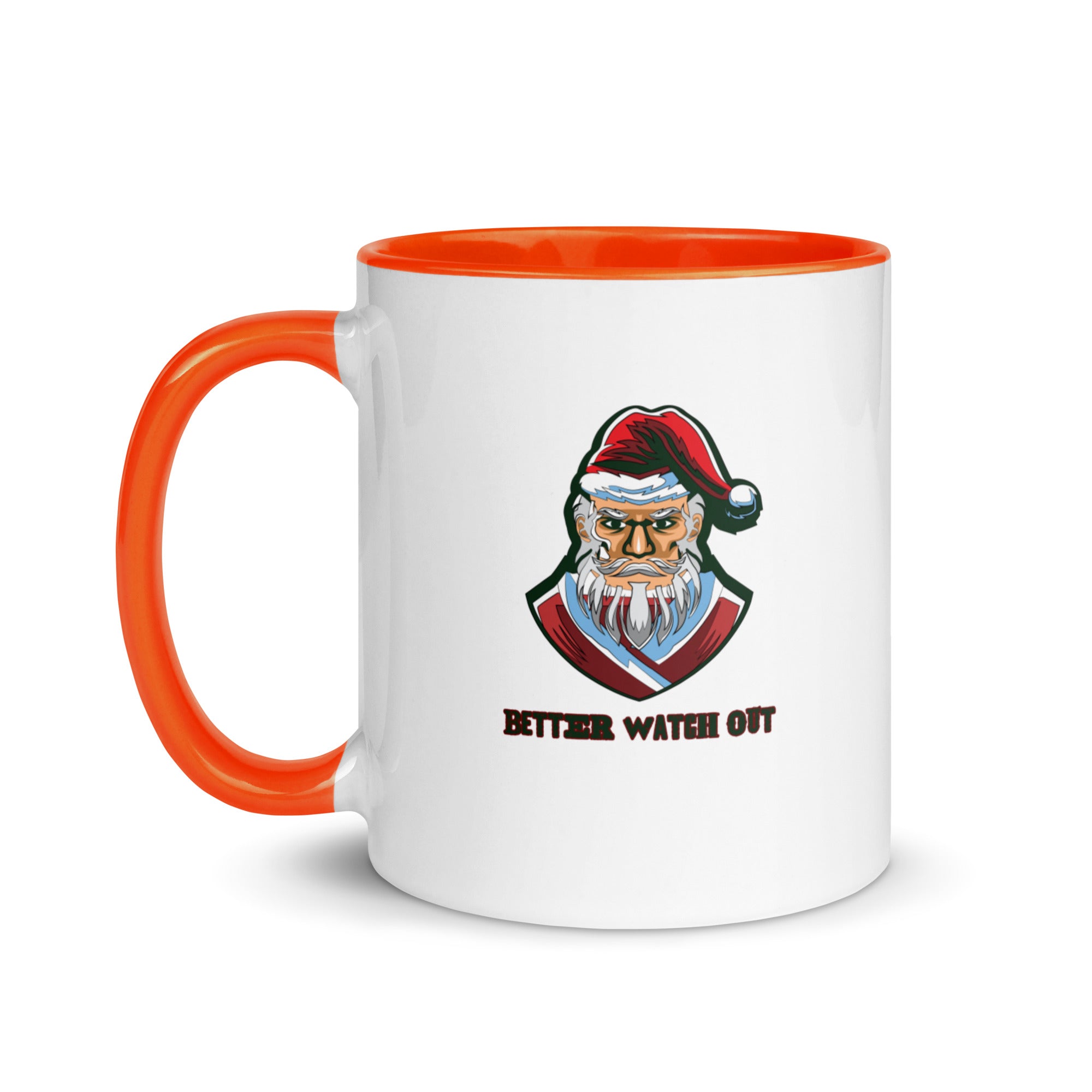 a white and orange coffee mug with a santa clause on it