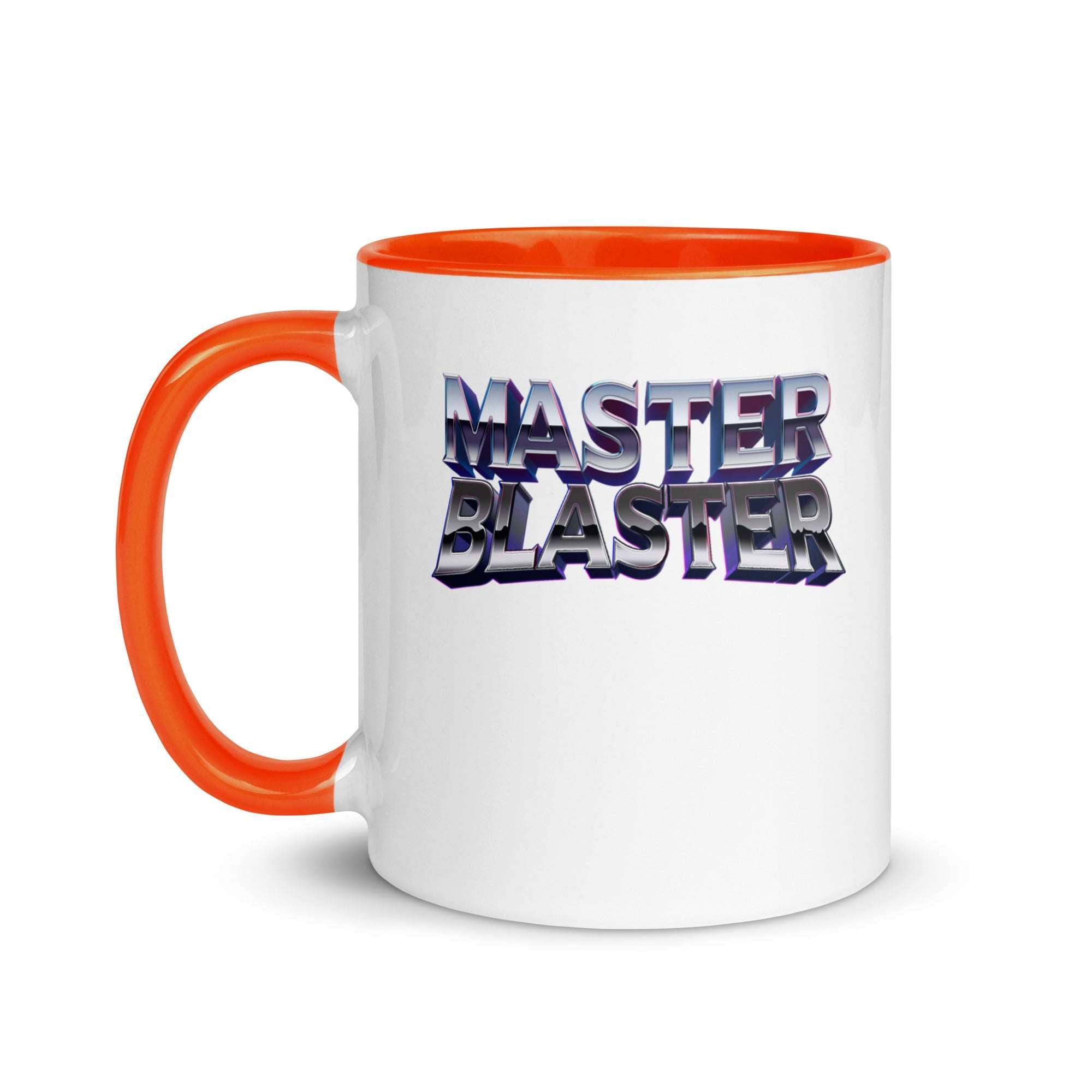 a white and orange coffee mug with the words master blaster on it