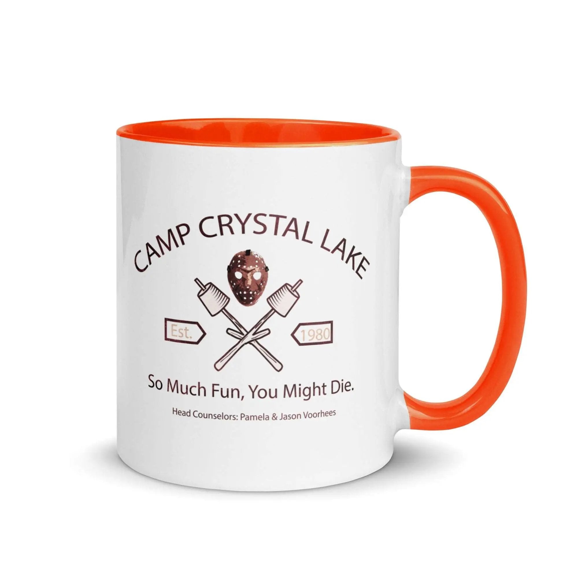 a coffee mug with a camp crystal lake logo on it